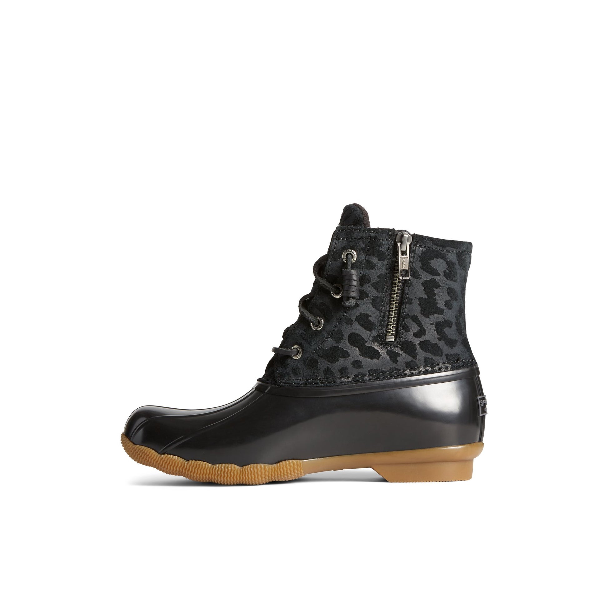 Side view of Black Saltwater™ Cheetah Duck Boot Duck Boots