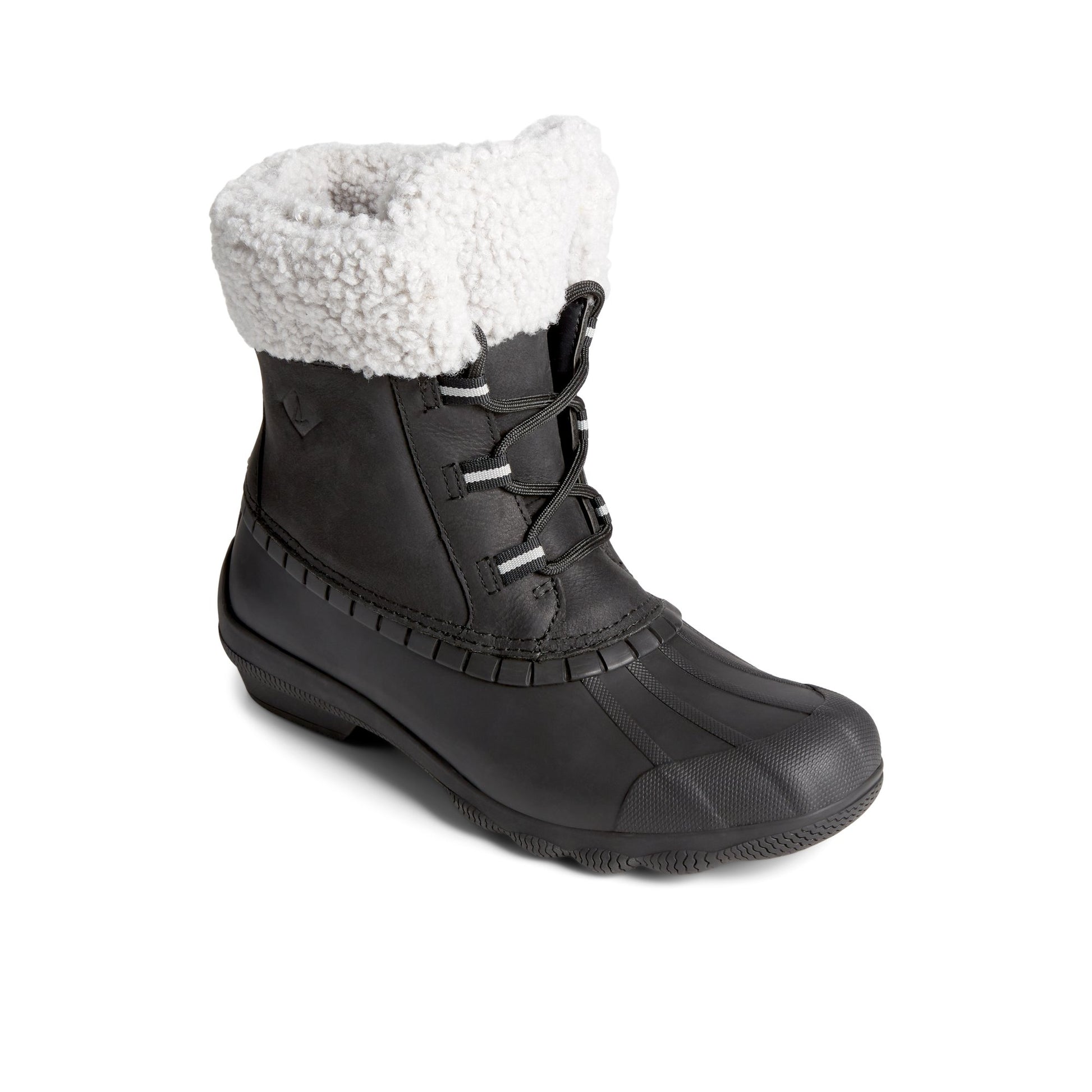 Three-quarter angle of Black Syren Alpine Leather Boot Duck Boots's front side
