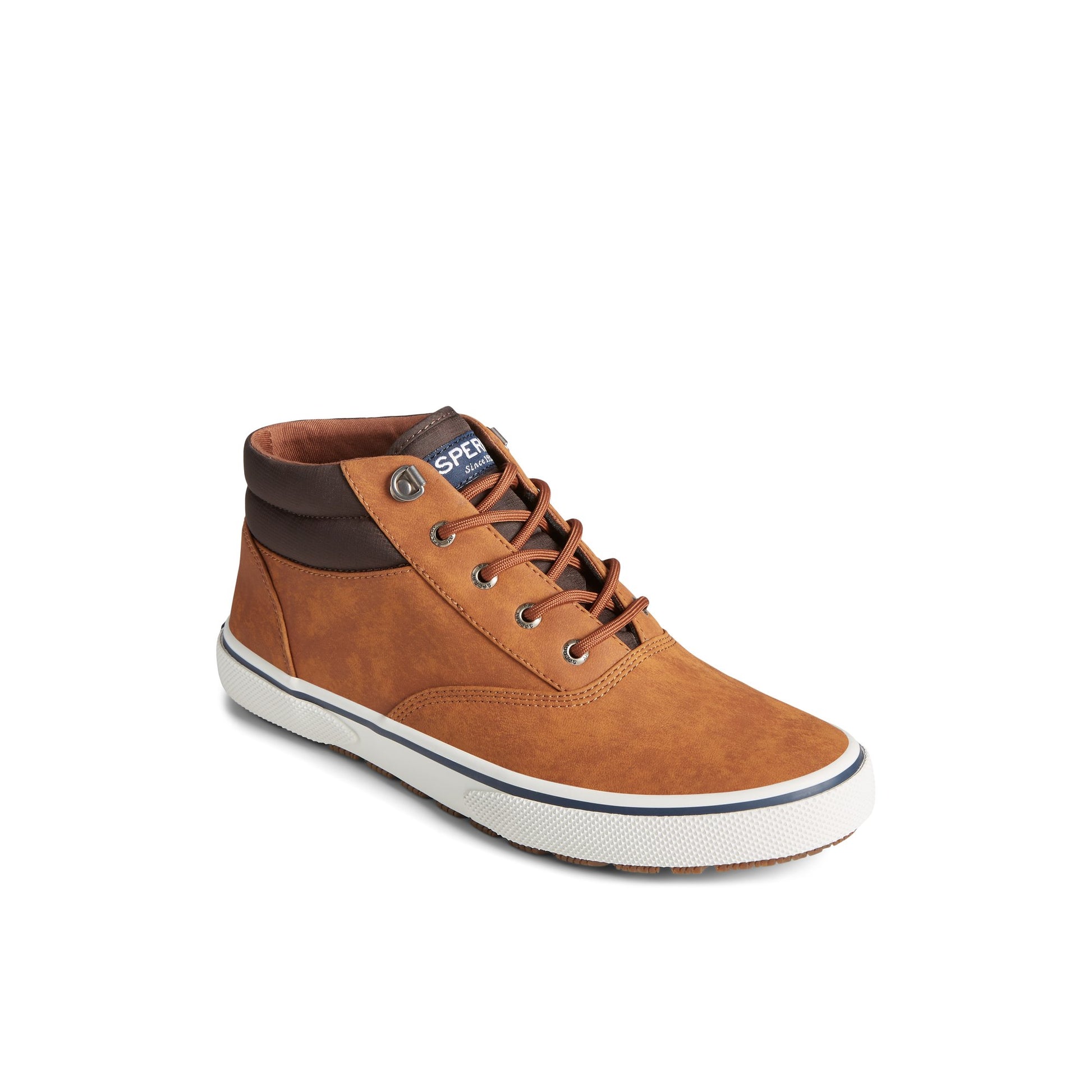 Three-quarter angle of Medium Beige Halyard Storm Chukka High Top Sneakers's front side