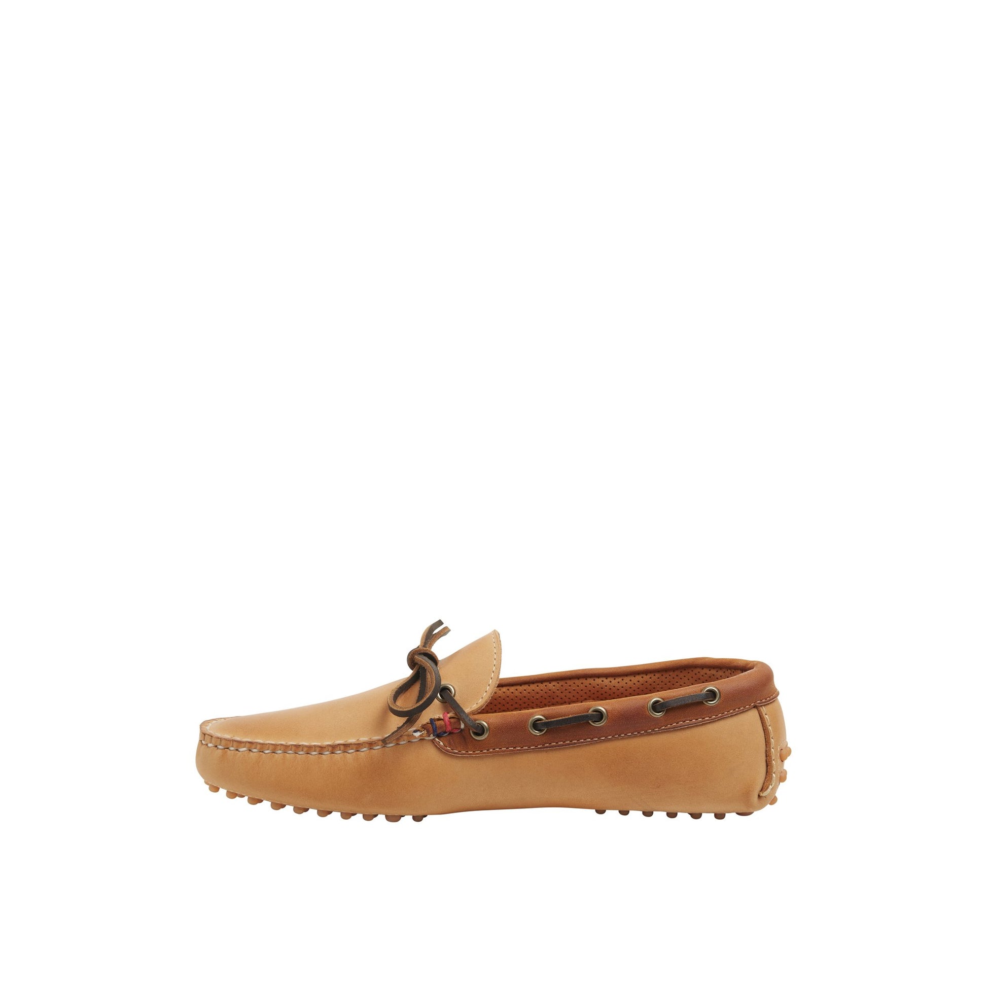 Side view of Medium Beige Gold Cup™ Handcrafted in Maine 1-Eye Driver Boat Shoe