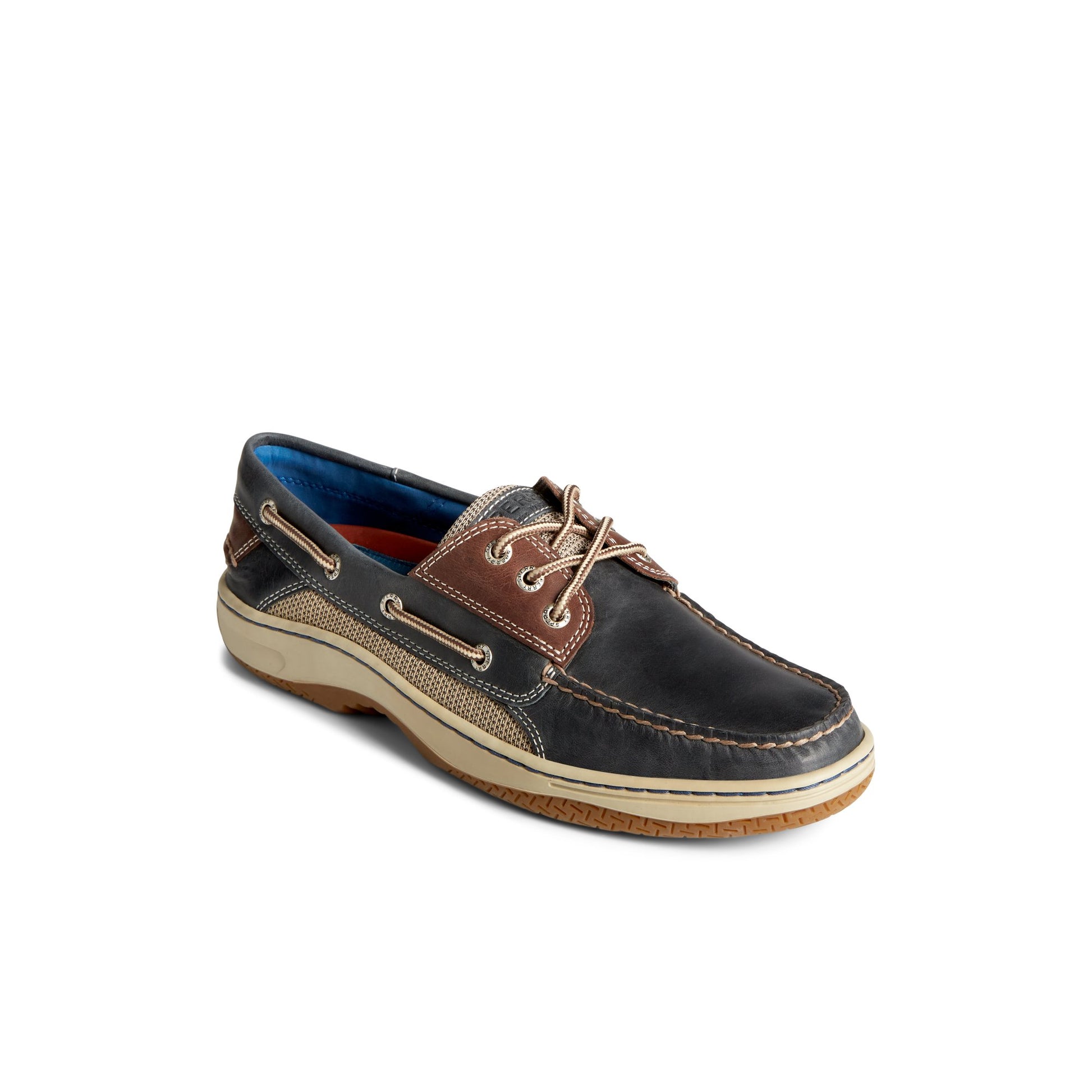 Three-quarter angle of Navy Billfish™ 3-Eye Boat Shoe Boat Shoes's front side