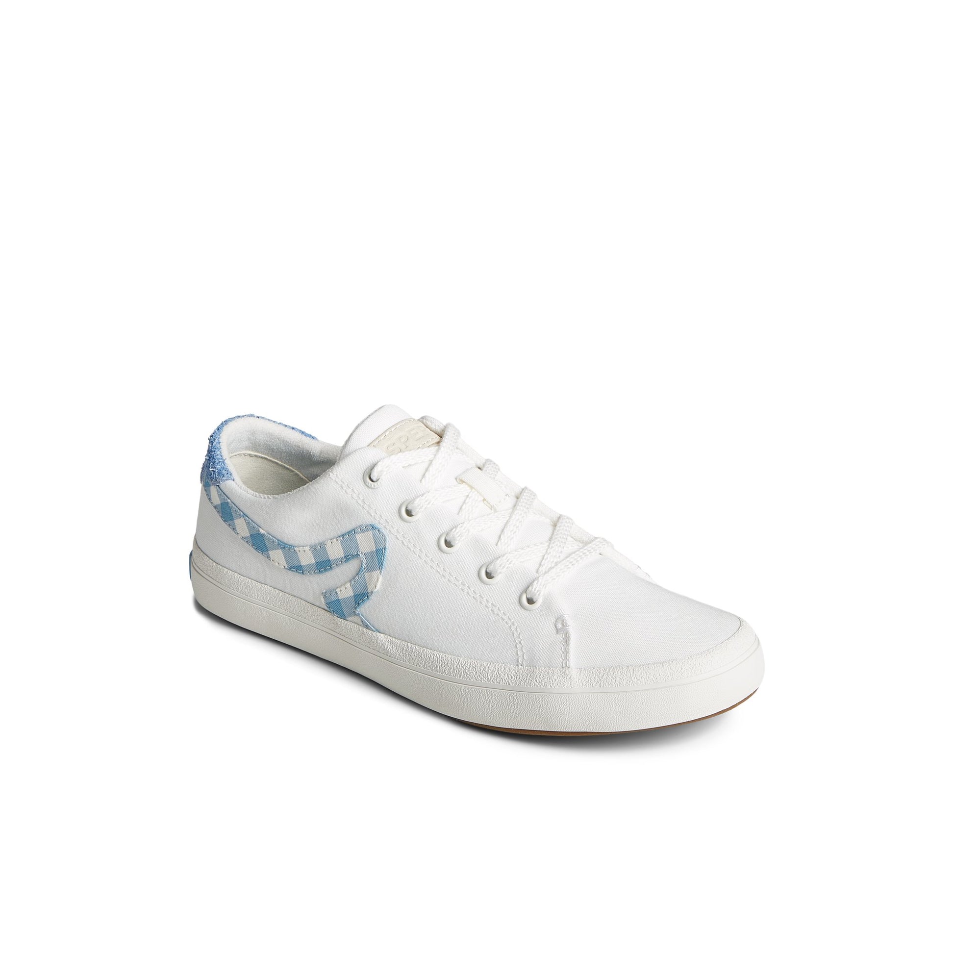 Three-quarter angle of White Sandy Gingham Sneaker Vulcanized Tennis Sneaker's front side