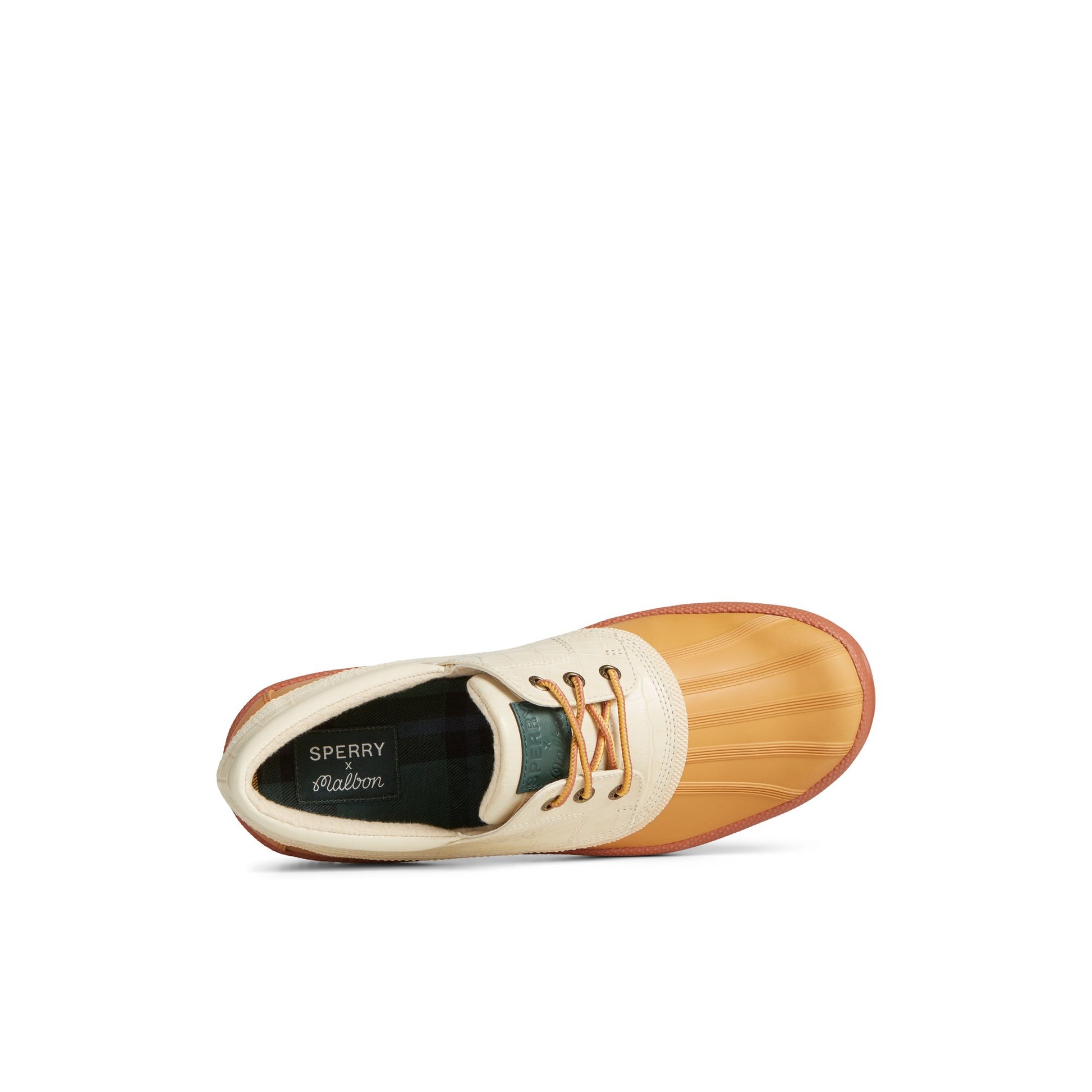 Top-down view of the Bone Sperry x Malbon Cold Bay 3-Eye Duck Boot