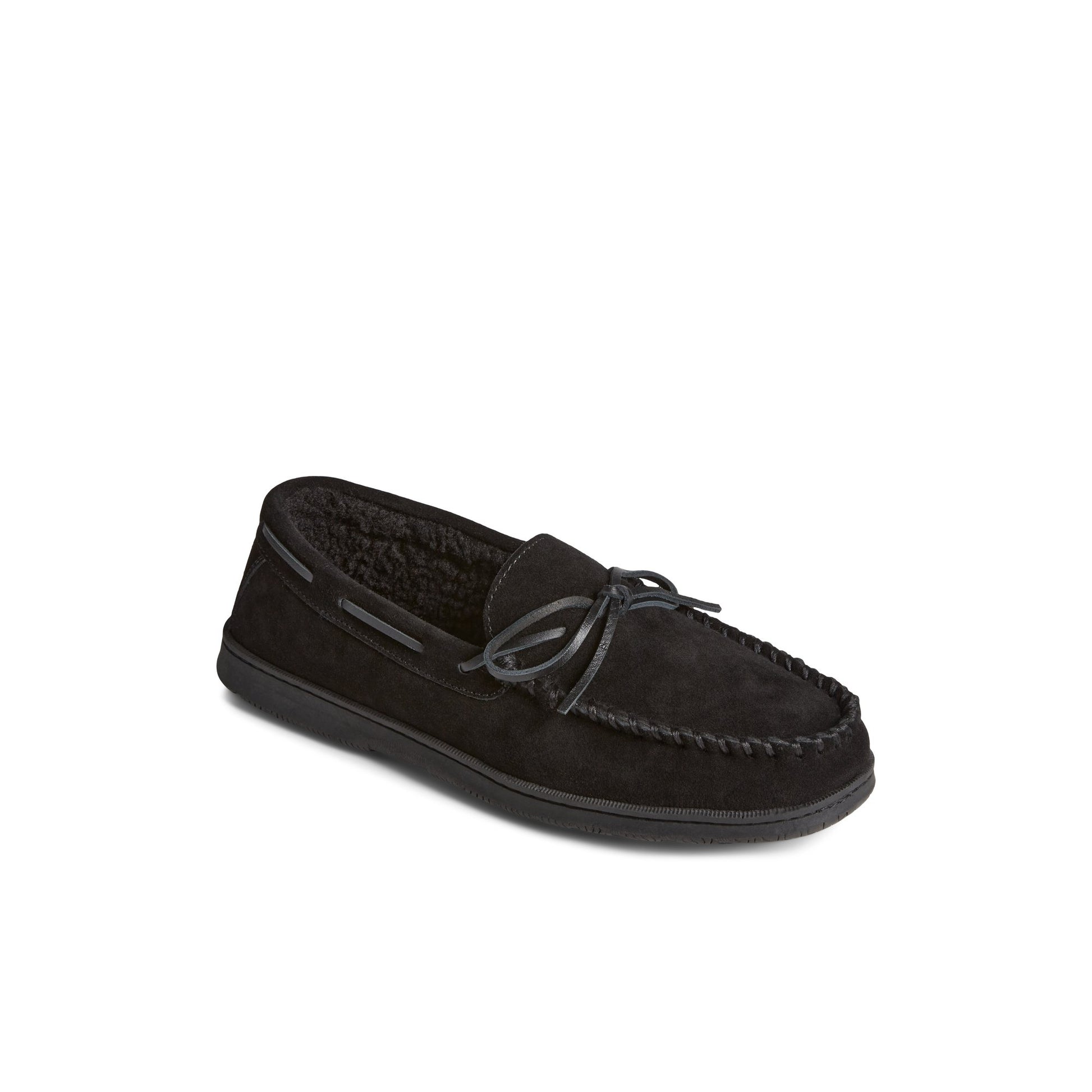 Three-quarter angle of Black Doyle Moc 1-Eye Slipper Boat Shoes's front side