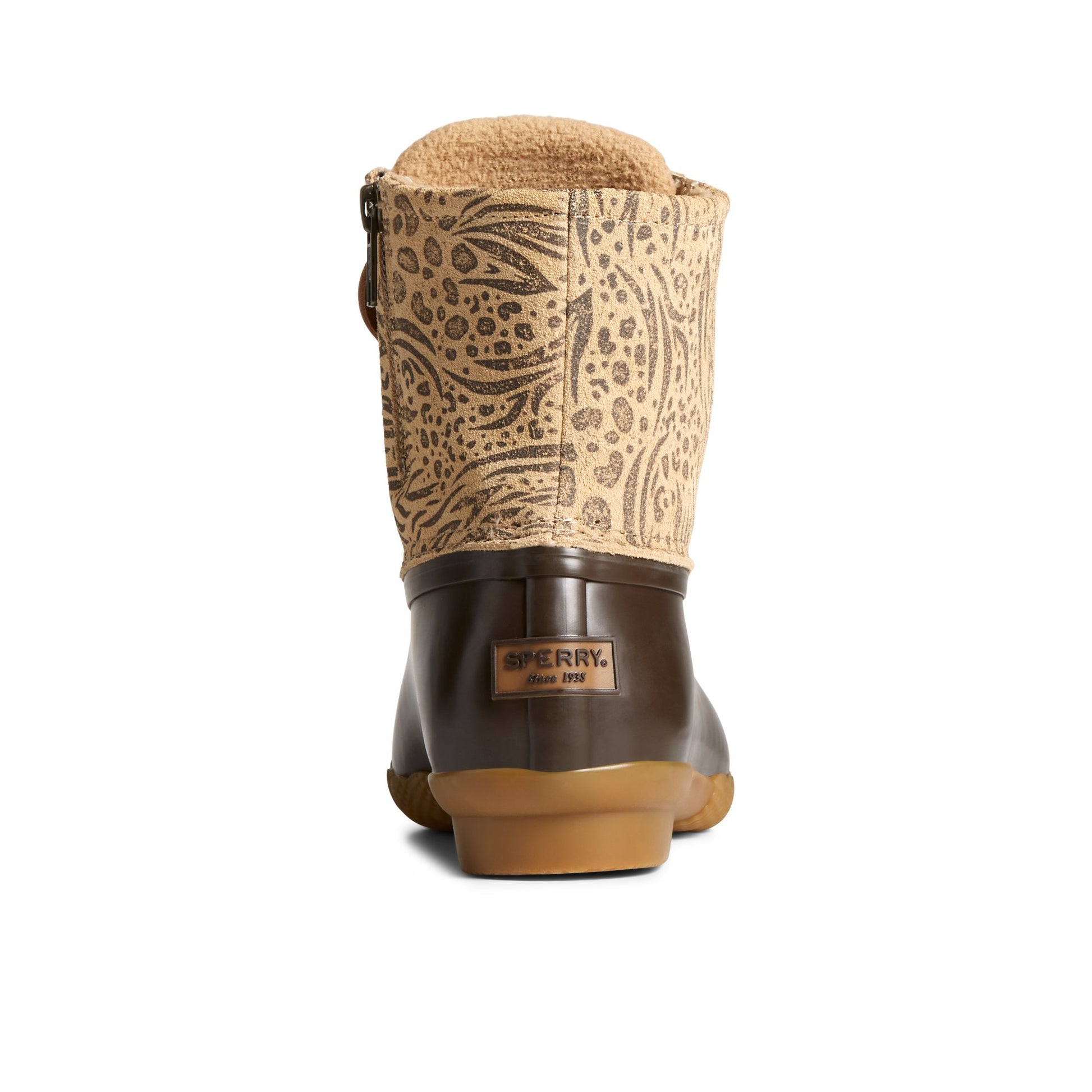 Close-up of the Brown Saltwater™ Animal Print Duck Boot Duck Boots