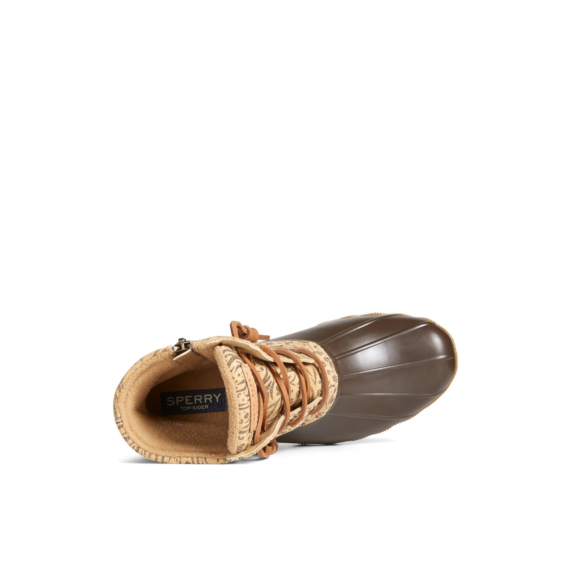 Top-down view of the Brown Saltwater™ Animal Print Duck Boot Duck Boots
