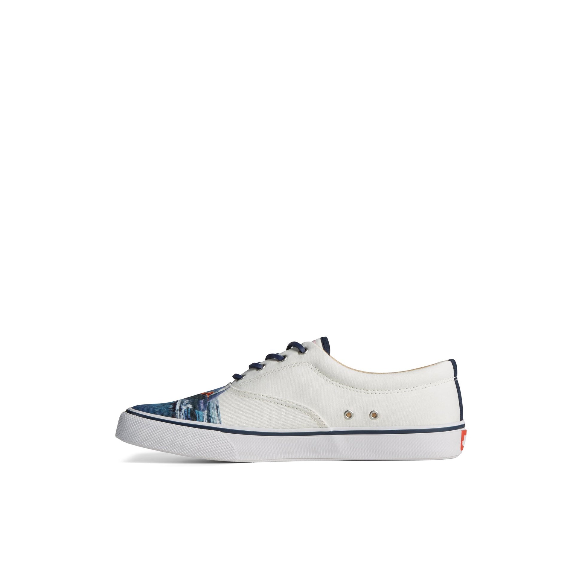 Side view of White Sperry x JAWS Striper II CVO Sneaker Vulcanized Sneaker