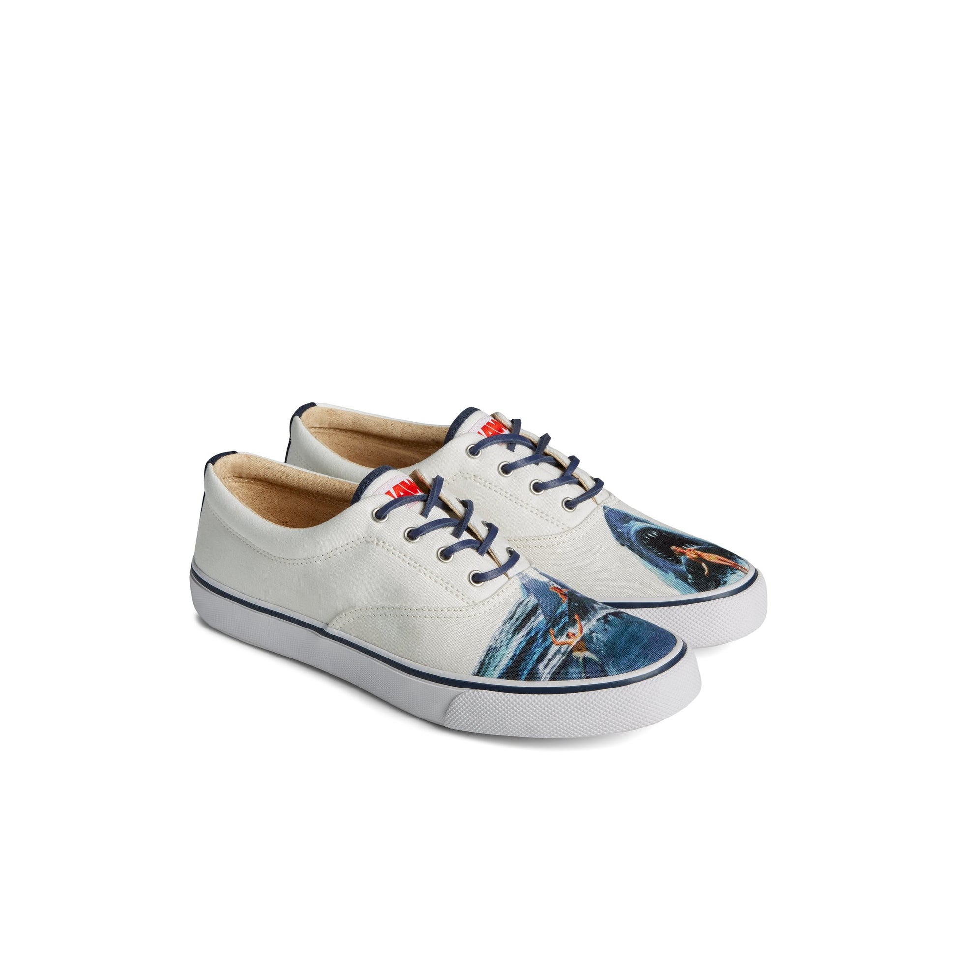 Three-quarter angle of White Sperry x JAWS Striper II CVO Sneaker Vulcanized Sneaker's front side