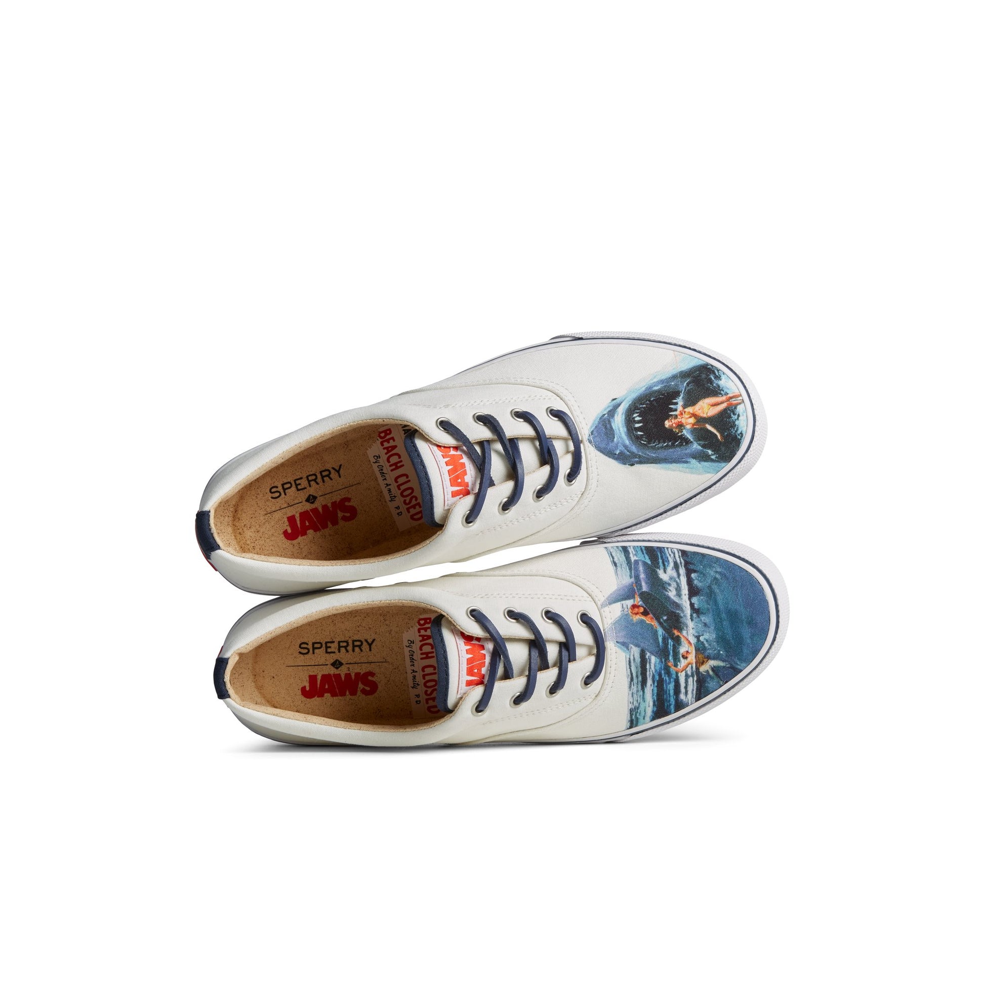 Top-down view of the White Sperry x JAWS Striper II CVO Sneaker Vulcanized Sneaker