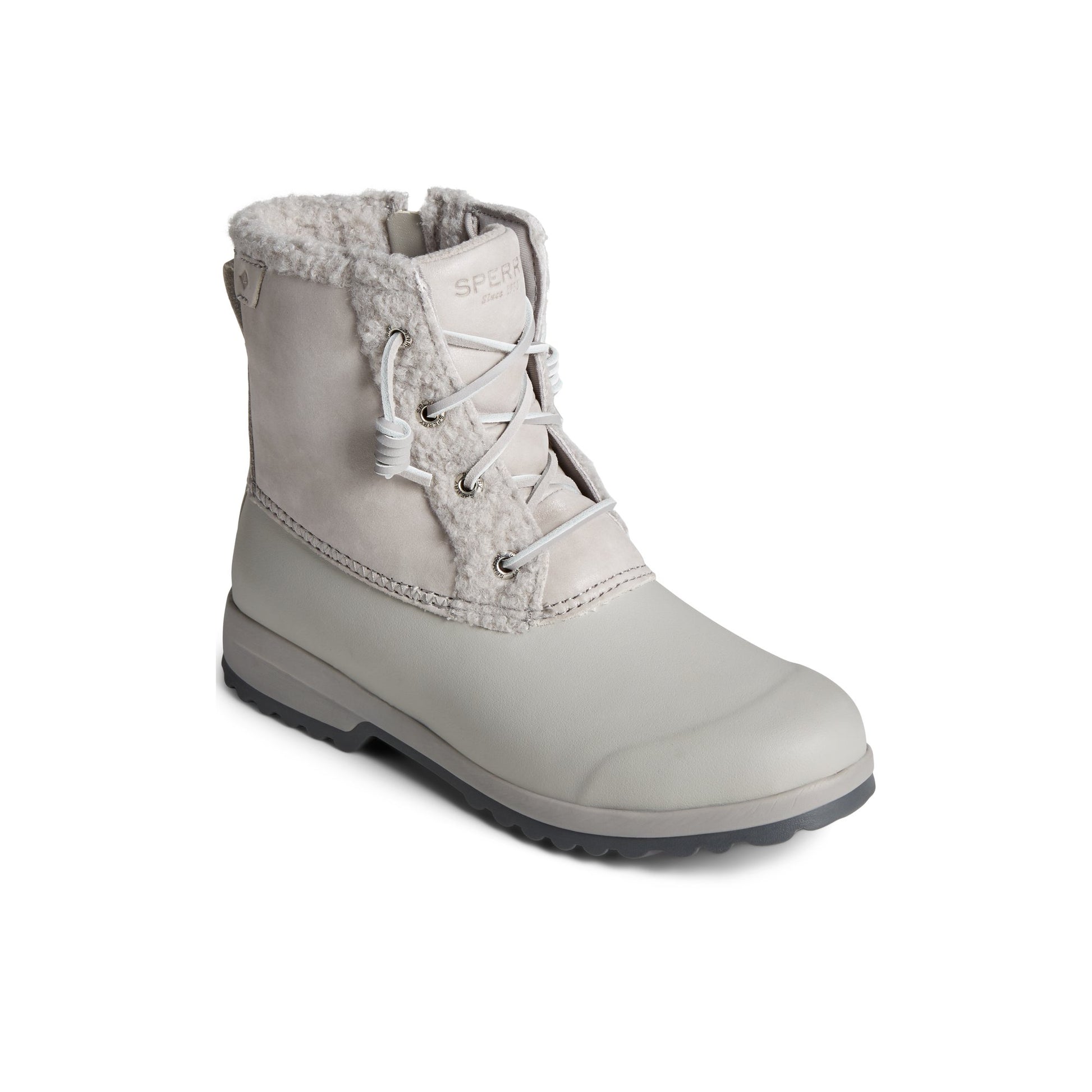 Three-quarter angle of Grey Maritime Repel Teddy Trim Snow Boot Fall/Winter Boots's front side