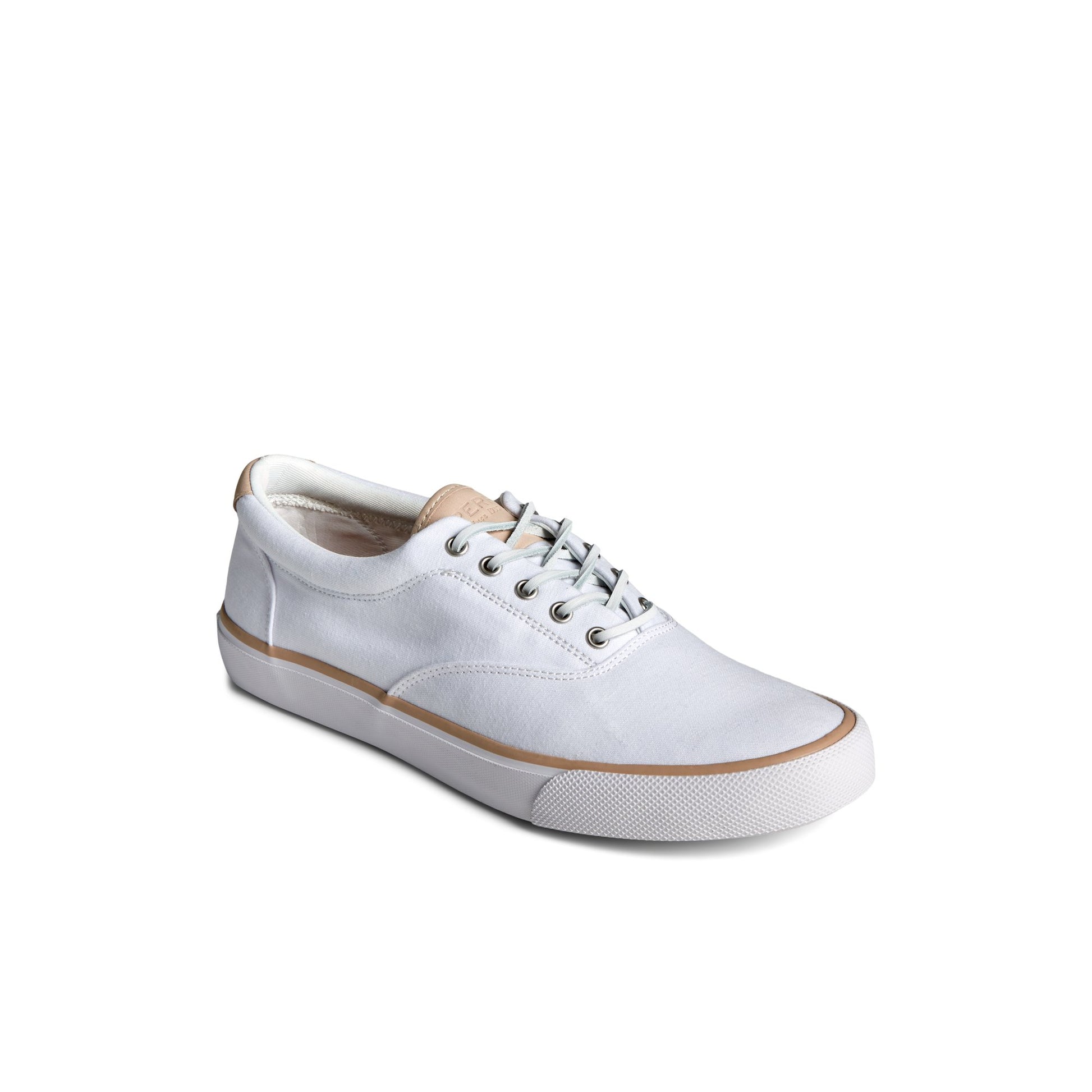 Three-quarter angle of White SeaCycled™ Striper II CVO Twill Sneaker 's front side