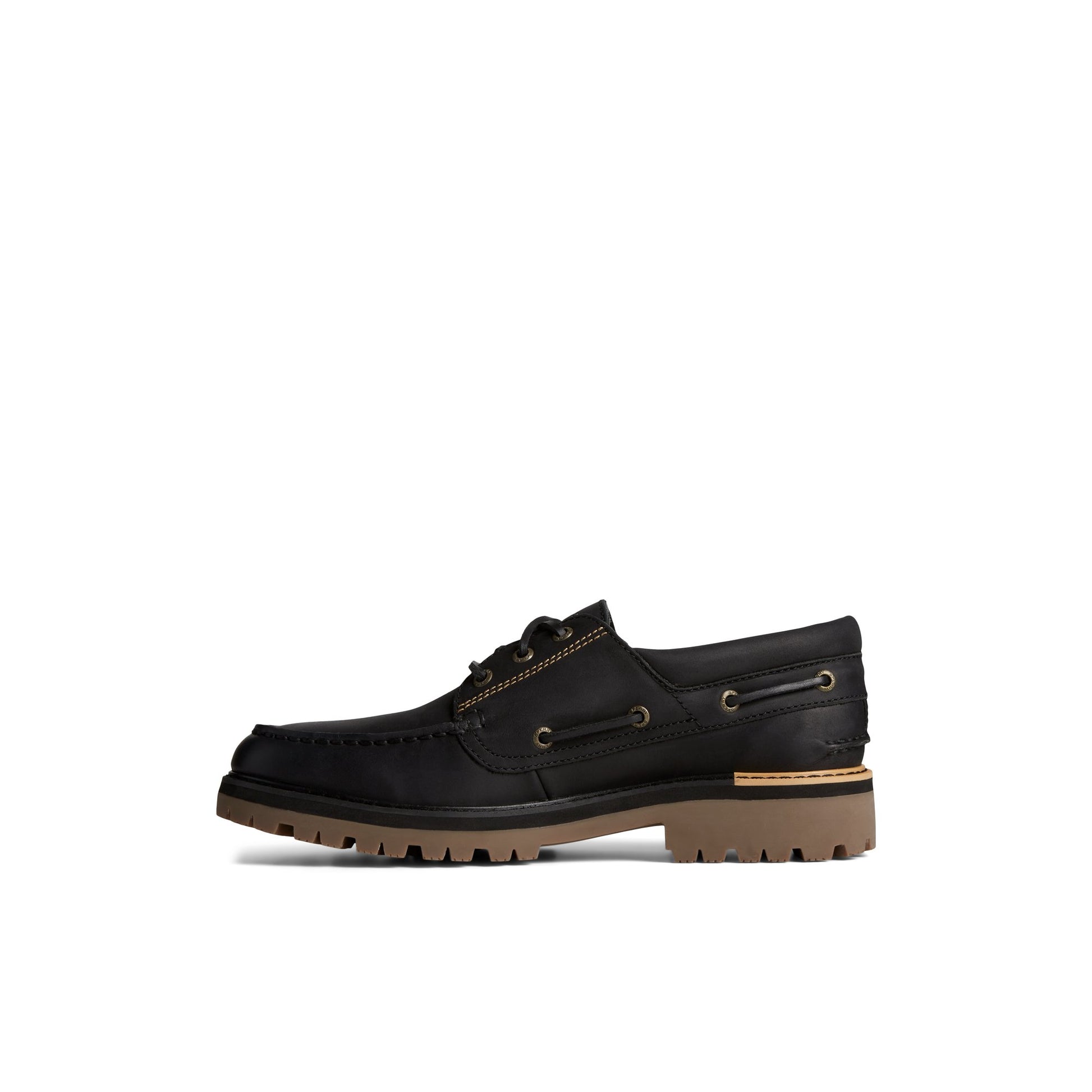 Side view of Black Authentic Original™ Lug 3-Eye Boat Shoe Boat Shoe