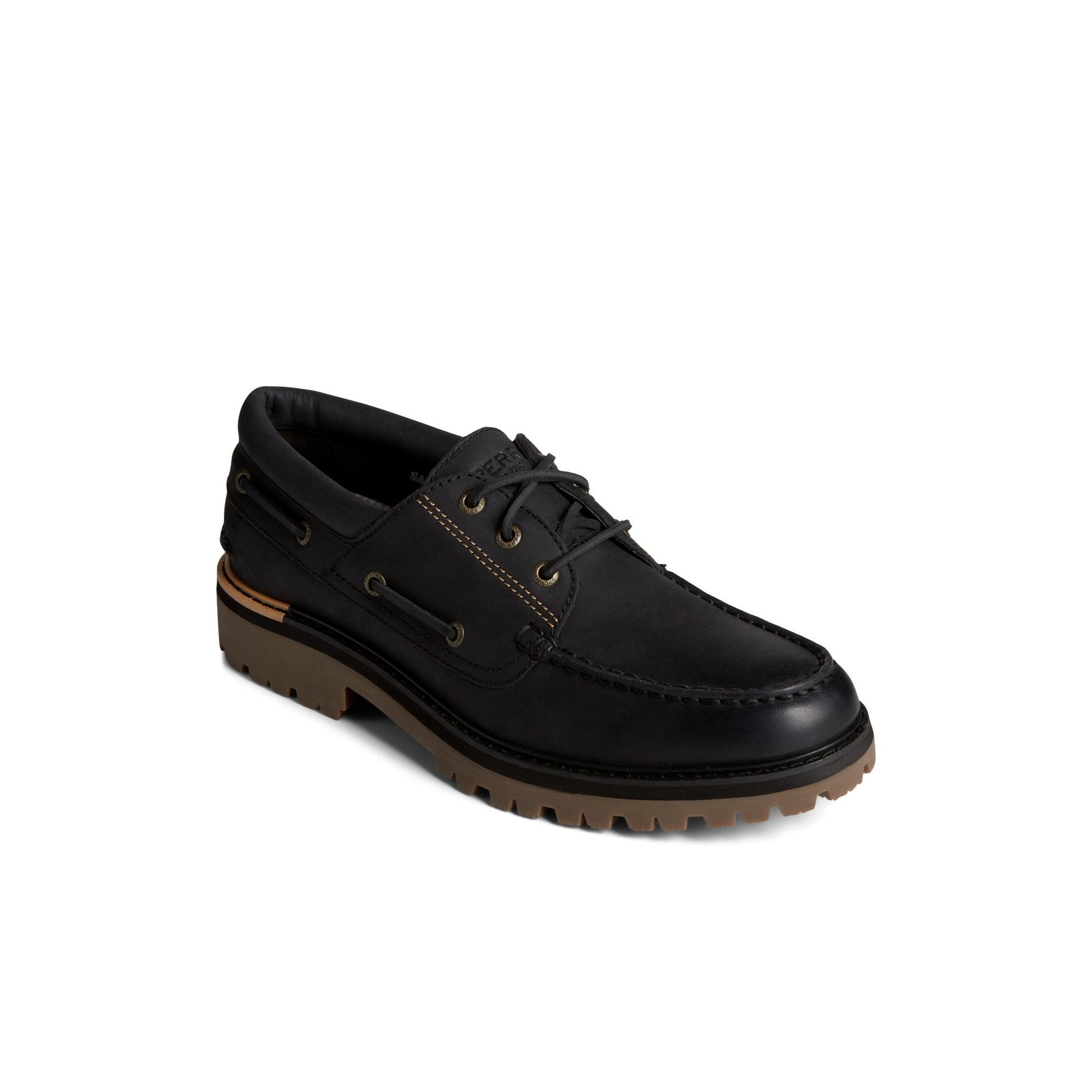 Three-quarter angle of Black Authentic Original™ Lug 3-Eye Boat Shoe Boat Shoe's front side