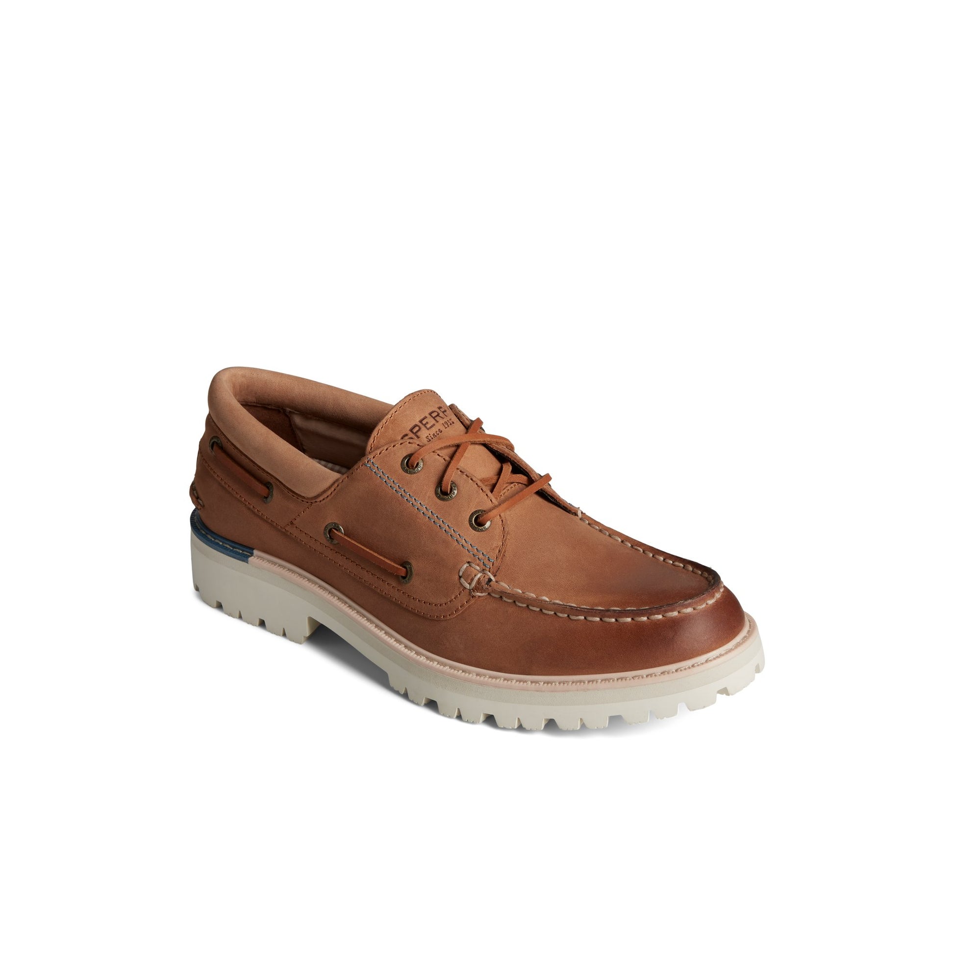 Three-quarter angle of Medium Beige Authentic Original™ Lug 3-Eye Boat Shoe Boat Shoe's front side