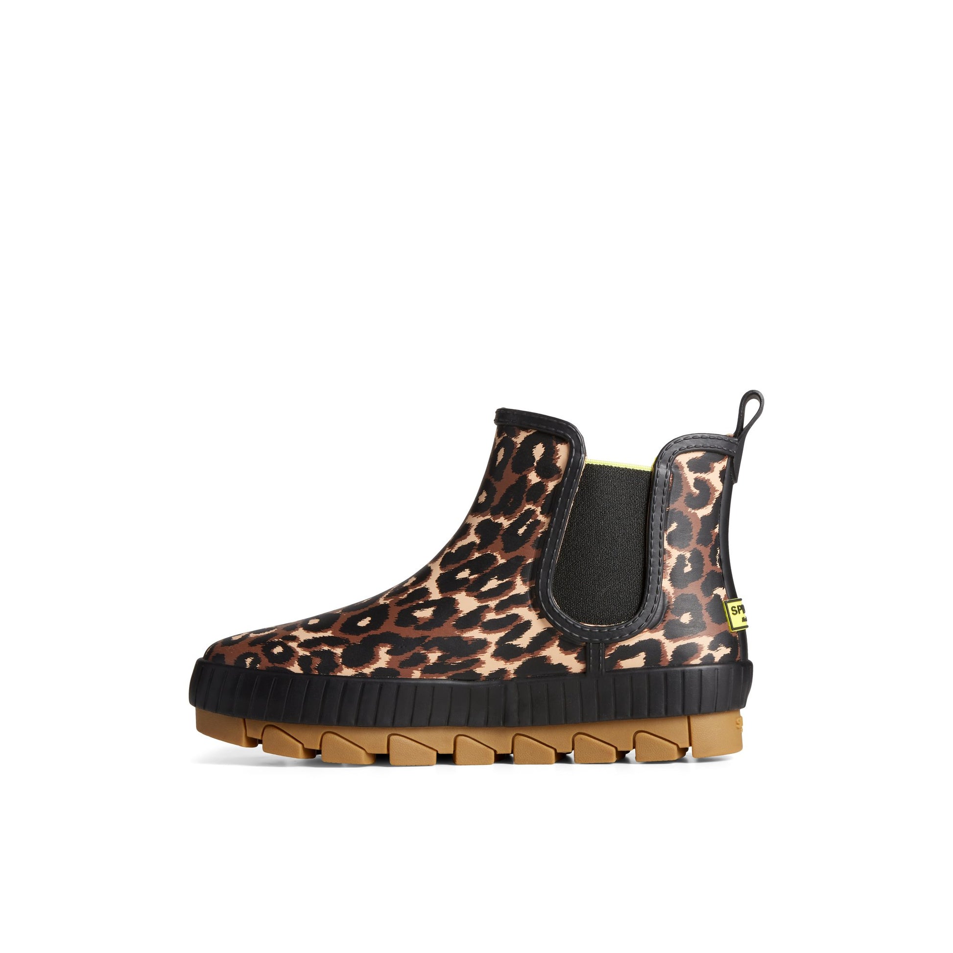 Side view of Black Torrent Leopard Chelsea Waterproof Rain Boot Chelsea Rain Boot