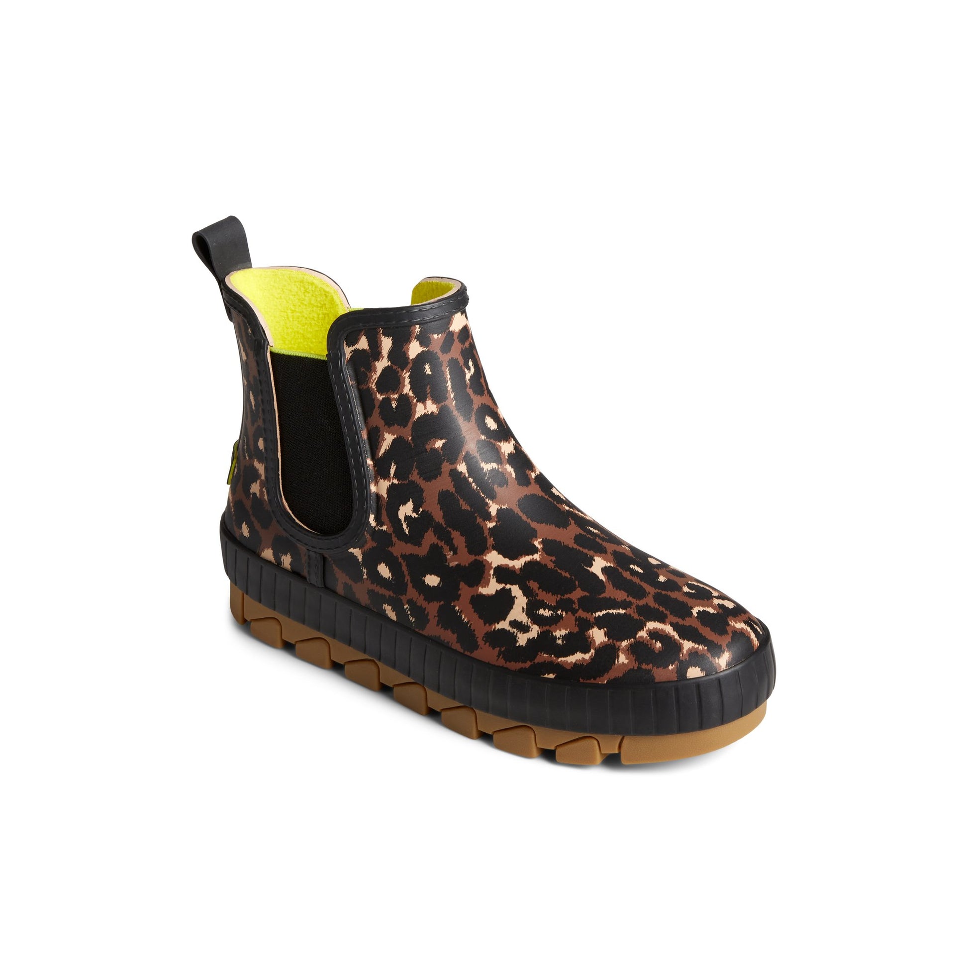 Three-quarter angle of Black Torrent Leopard Chelsea Waterproof Rain Boot Chelsea Rain Boot's front side