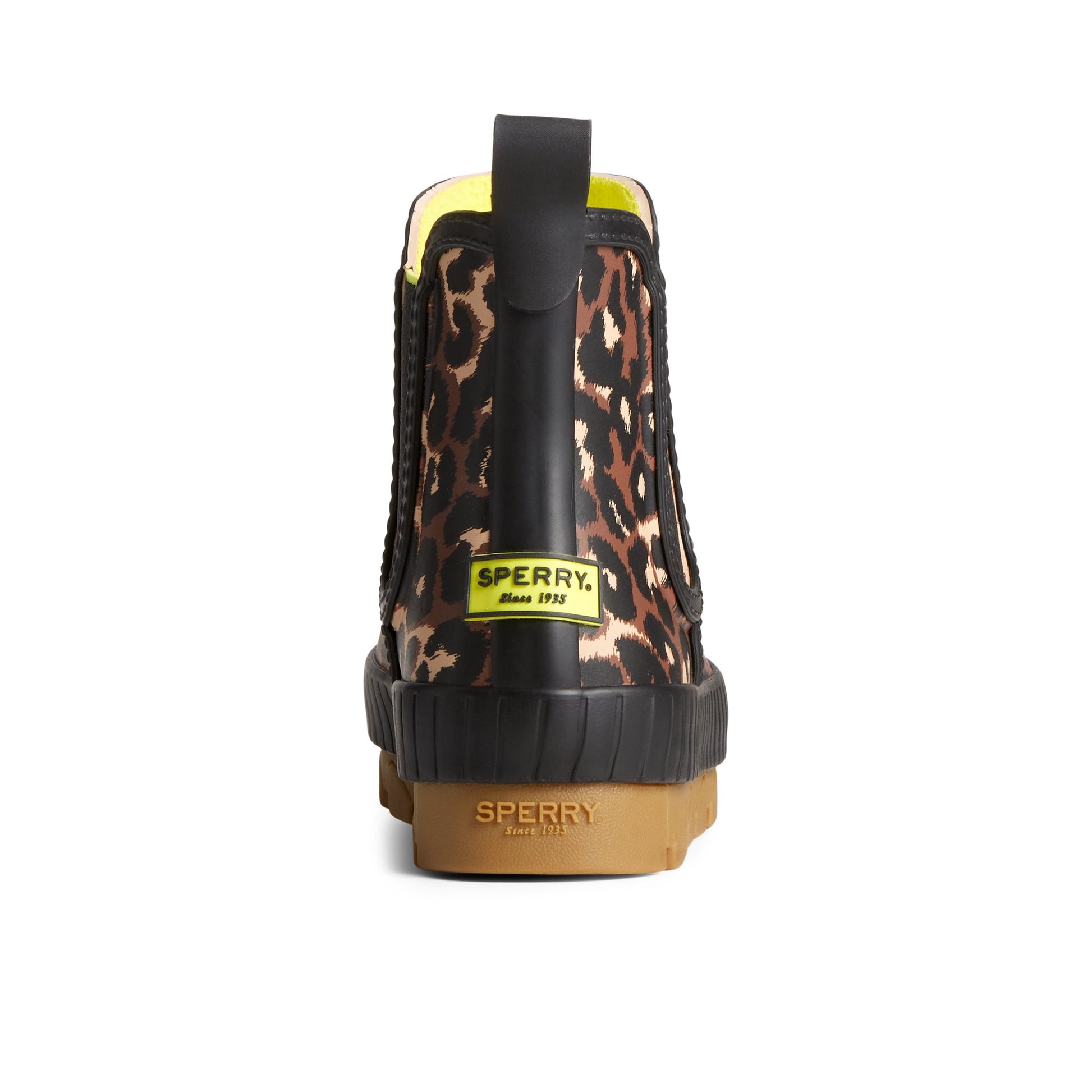 Close-up of the Black Torrent Leopard Chelsea Waterproof Rain Boot Chelsea Rain Boot