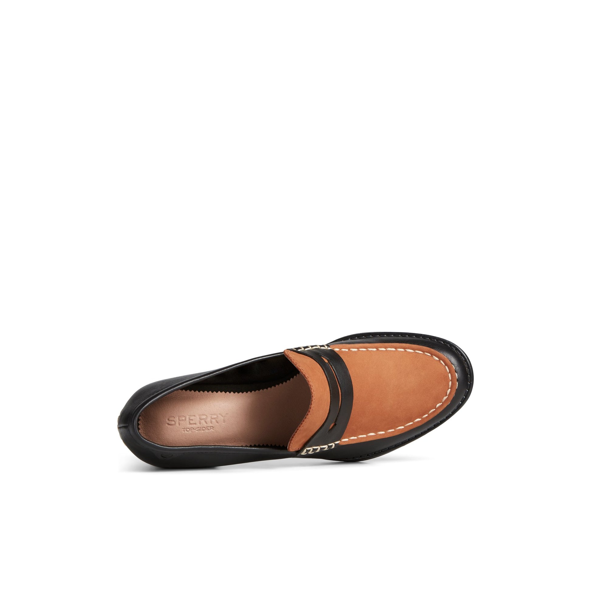 Top-down view of the Black Seaport Two-Tone Penny Heel Penny Loafer Shoes