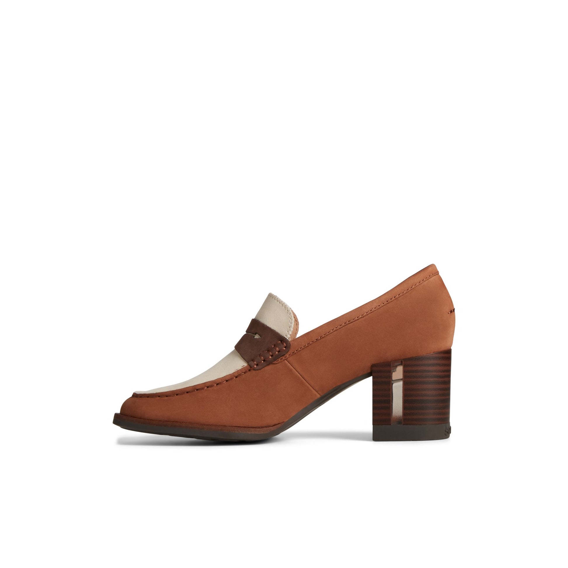 Side view of Brown Seaport Two-Tone Penny Heel Penny Loafer Shoes