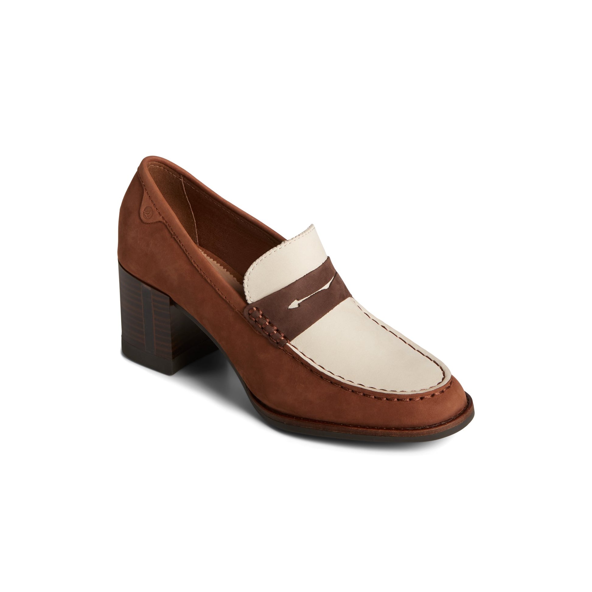 Three-quarter angle of Brown Seaport Two-Tone Penny Heel Penny Loafer Shoes's front side