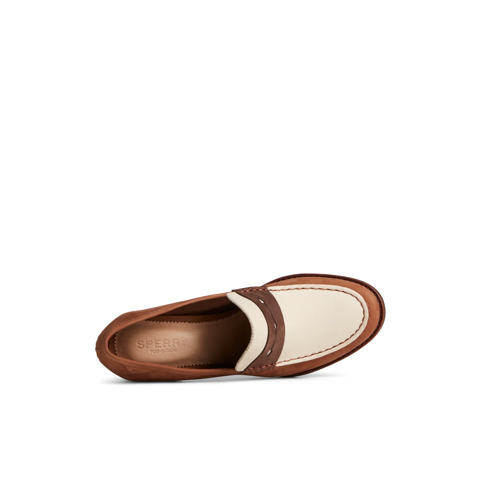 Top-down view of the Brown Seaport Two-Tone Penny Heel Penny Loafer Shoes