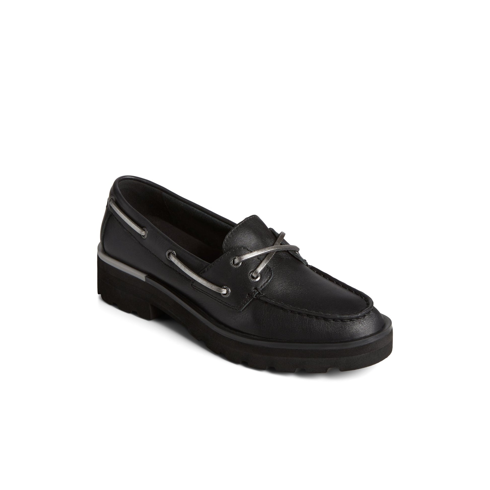 Three-quarter angle of Black Chunky Lug Boat Shoe Boat Shoes's front side