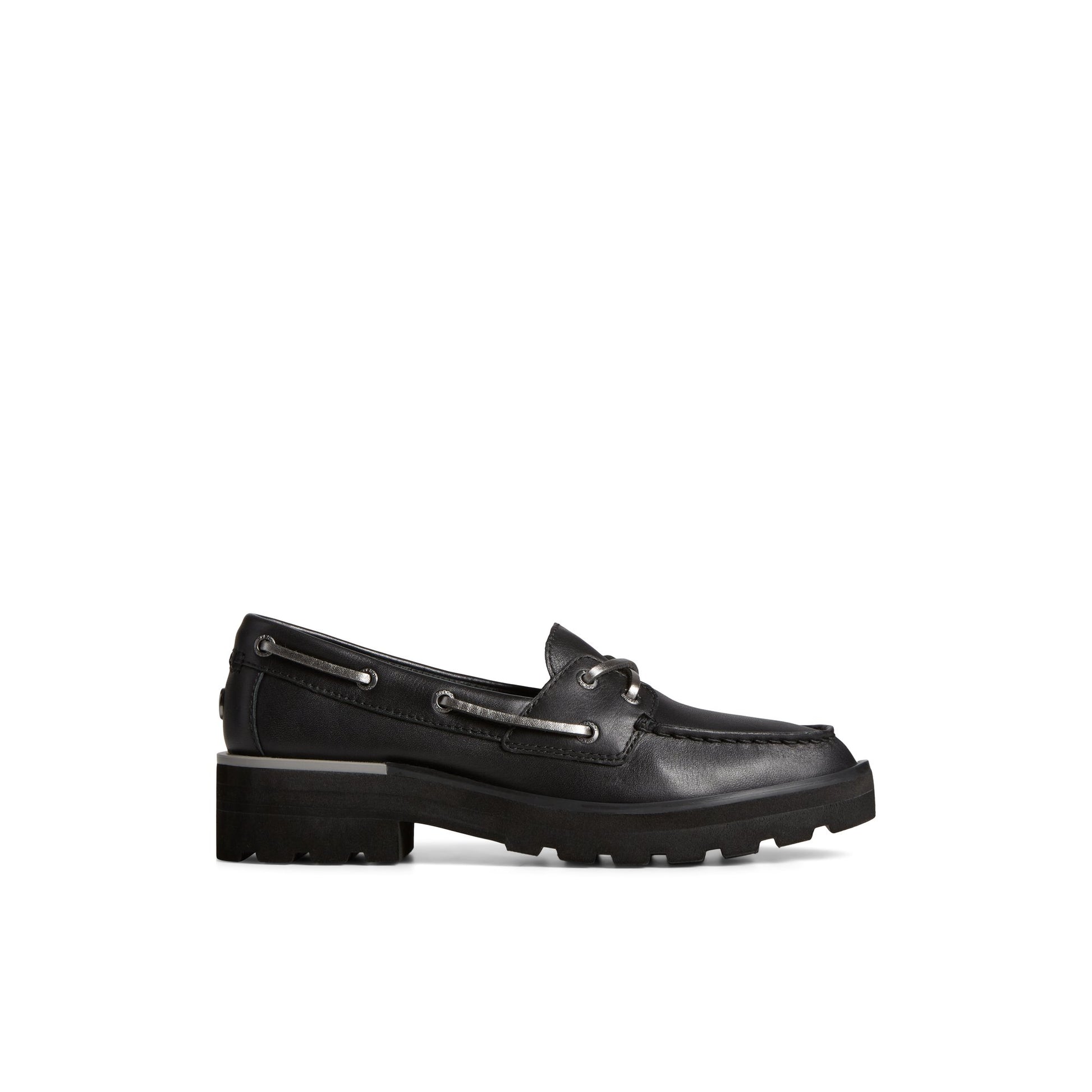 Main View of Black Chunky Lug Boat Shoe Boat Shoes for Womens