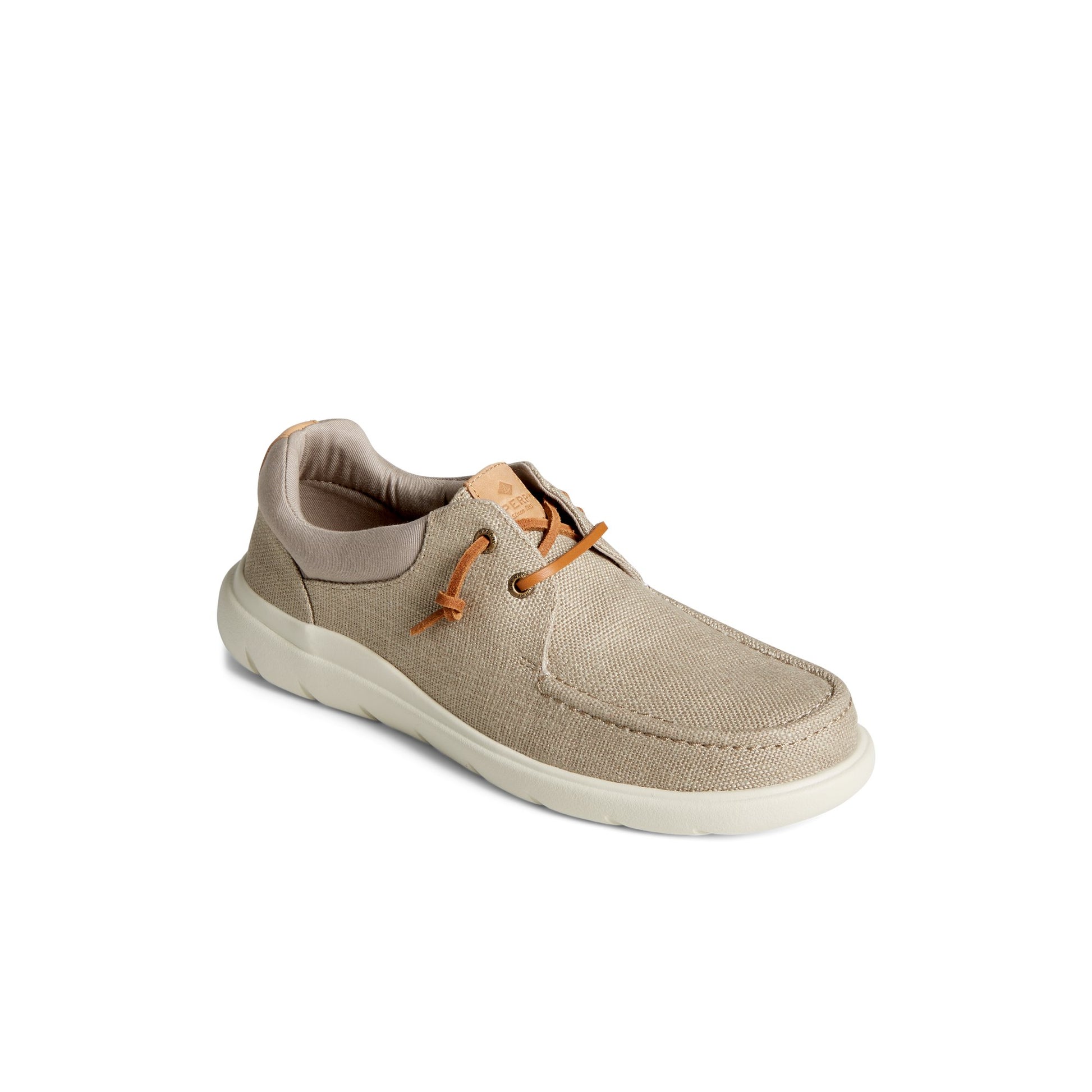 Three-quarter angle of Medium Beige Captain's Moc Hemp Slip On Boat Shoes's front side