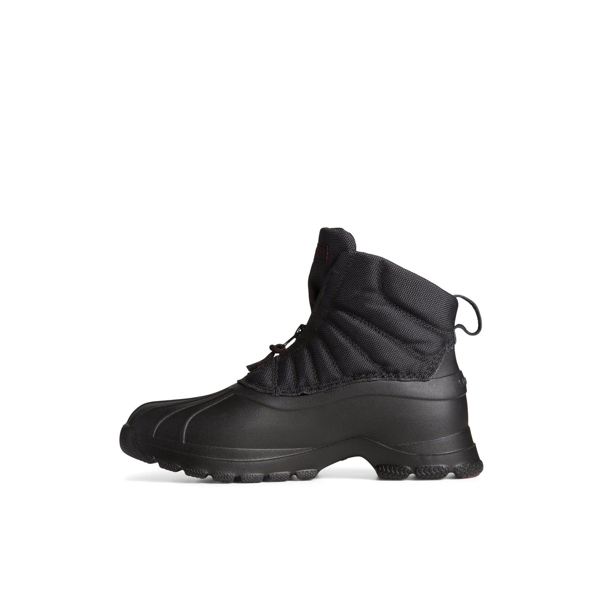 Side view of Black SeaCycled™ Duck Float Zip Up Boot Duck Boots