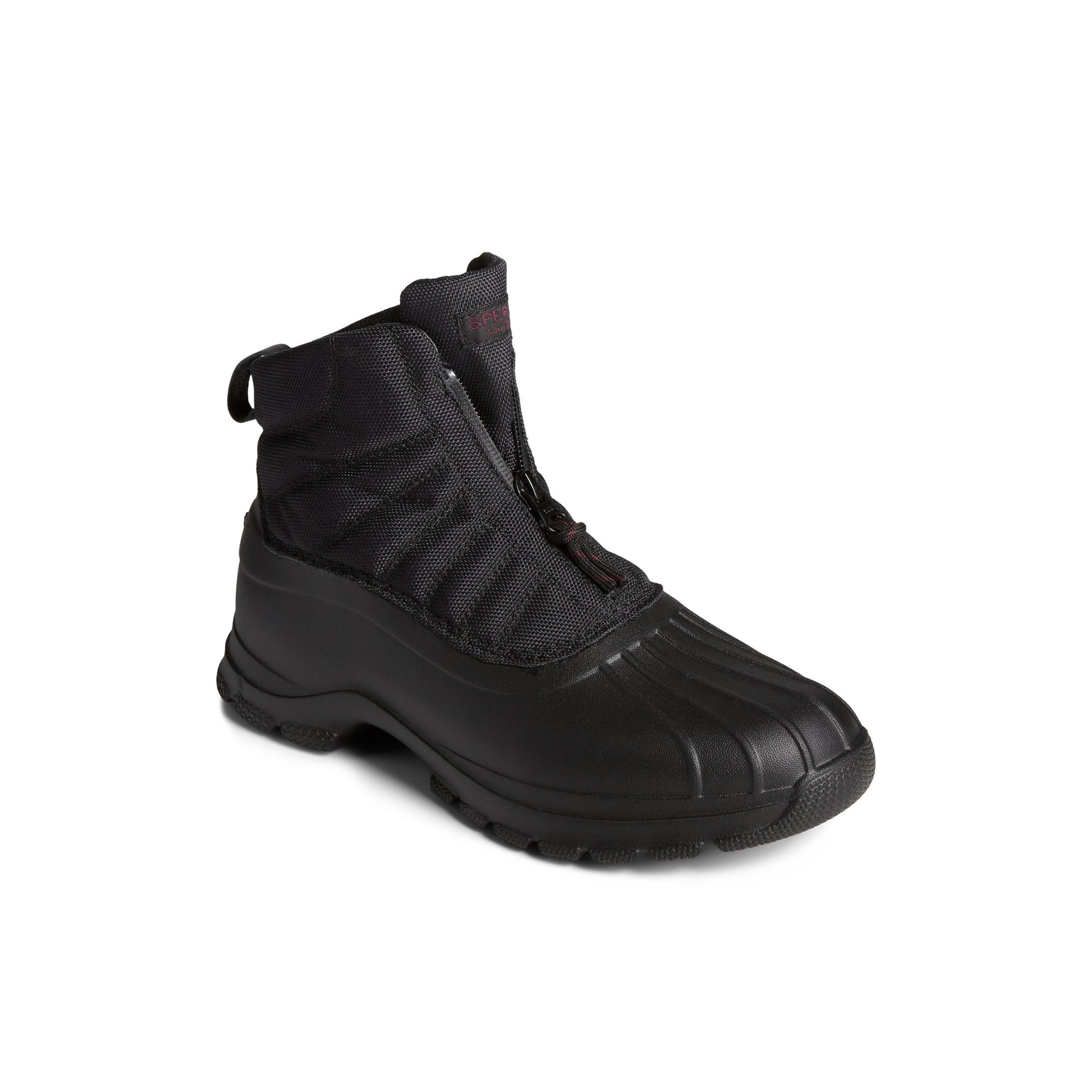 Three-quarter angle of Black SeaCycled™ Duck Float Zip Up Boot Duck Boots's front side