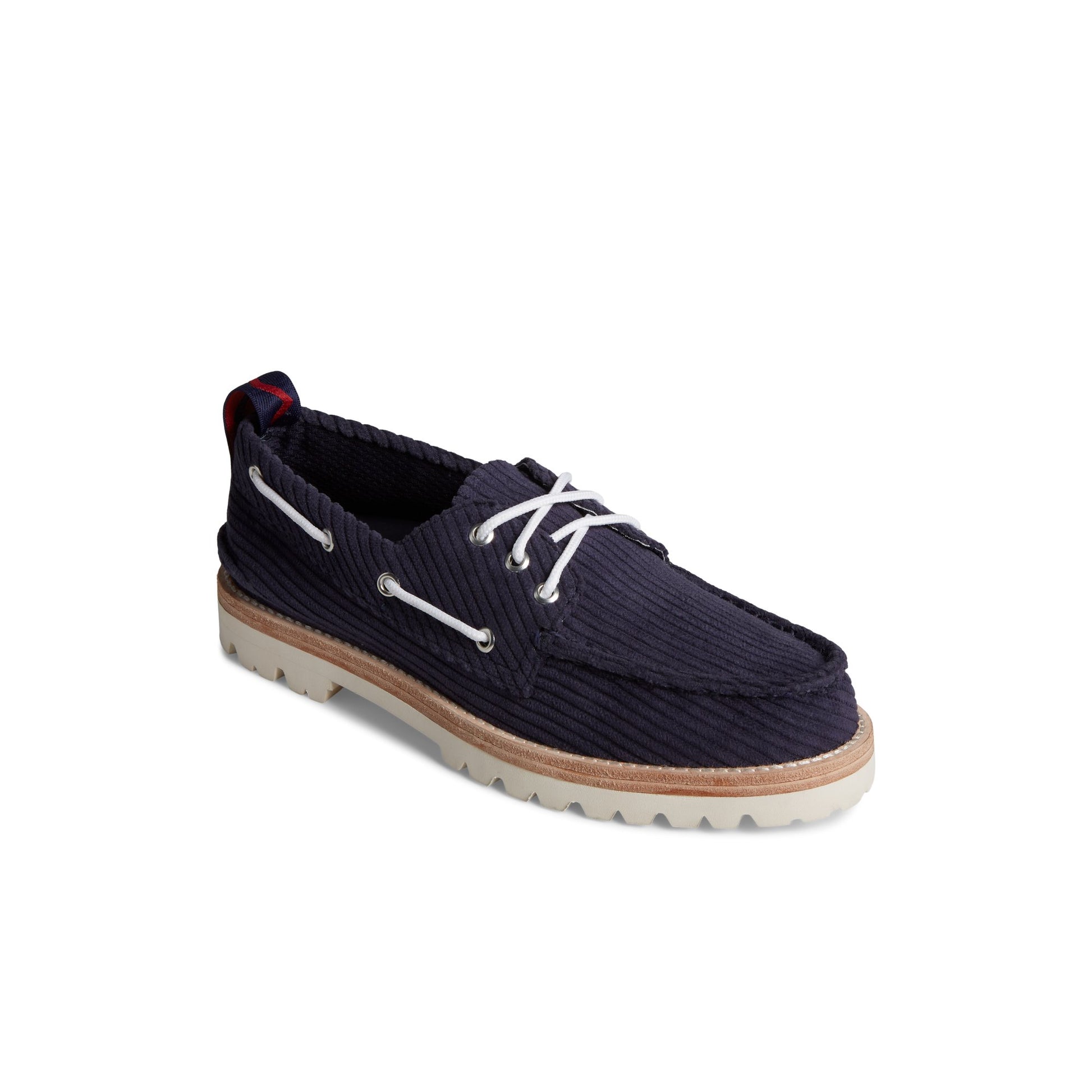 Three-quarter angle of Navy Unisex Sperry x Rowing Blazers Cloud Authentic Original™ 3-Eye Vibram Boat Shoe Boat Shoe's front side