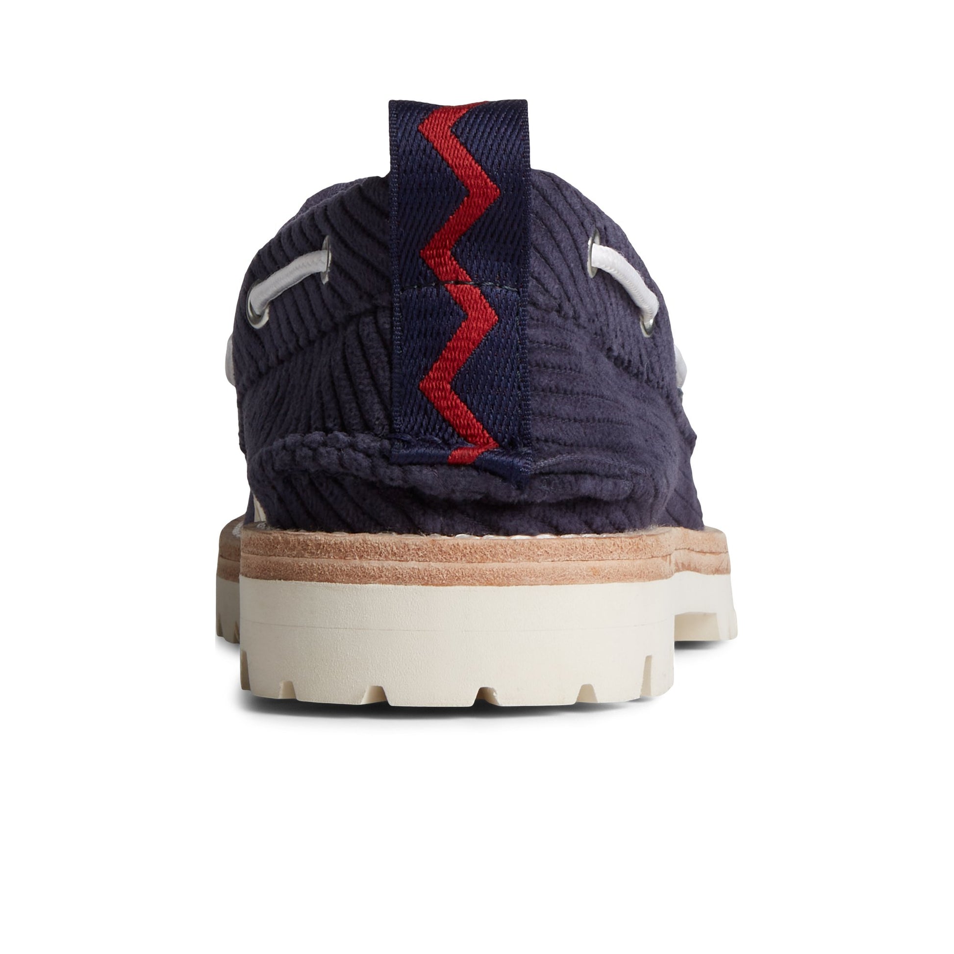 Close-up of the Navy Unisex Sperry x Rowing Blazers Cloud Authentic Original™ 3-Eye Vibram Boat Shoe Boat Shoe