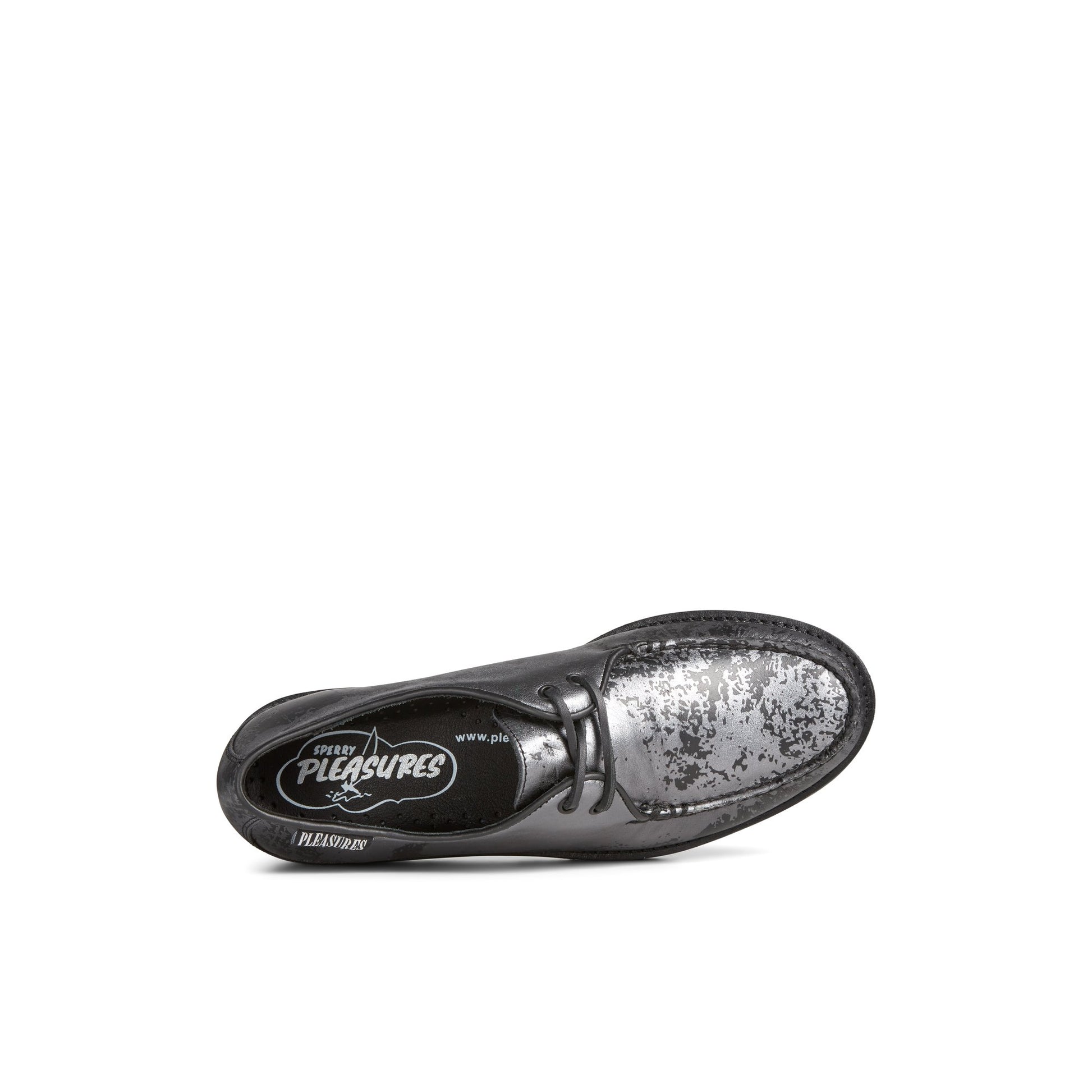 Top-down view of the Silver Unisex Sperry x Pleasures Captain's Oxford