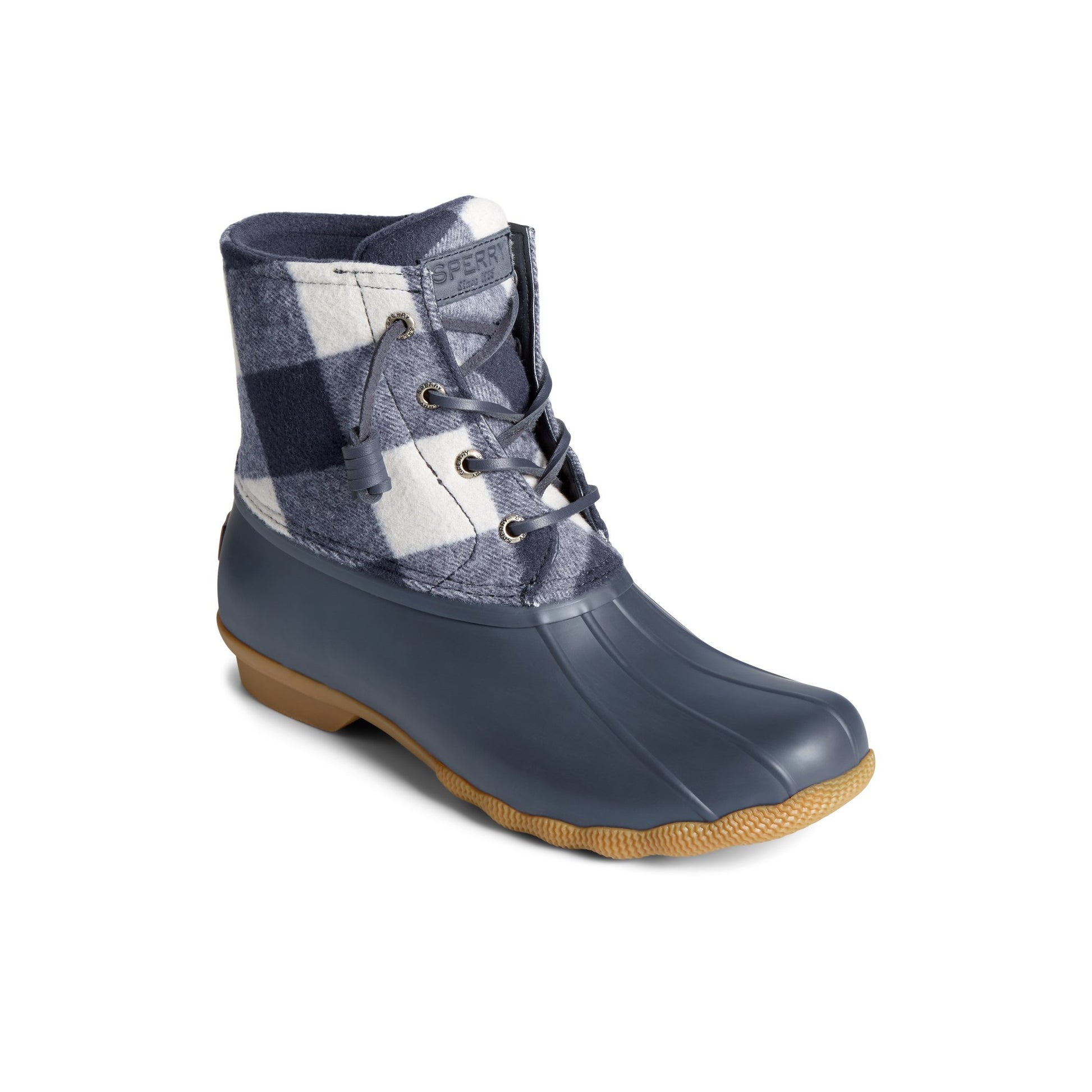 Three-quarter angle of Navy Saltwater™ Buffalo Check Duck Boot Duck Boots's front side