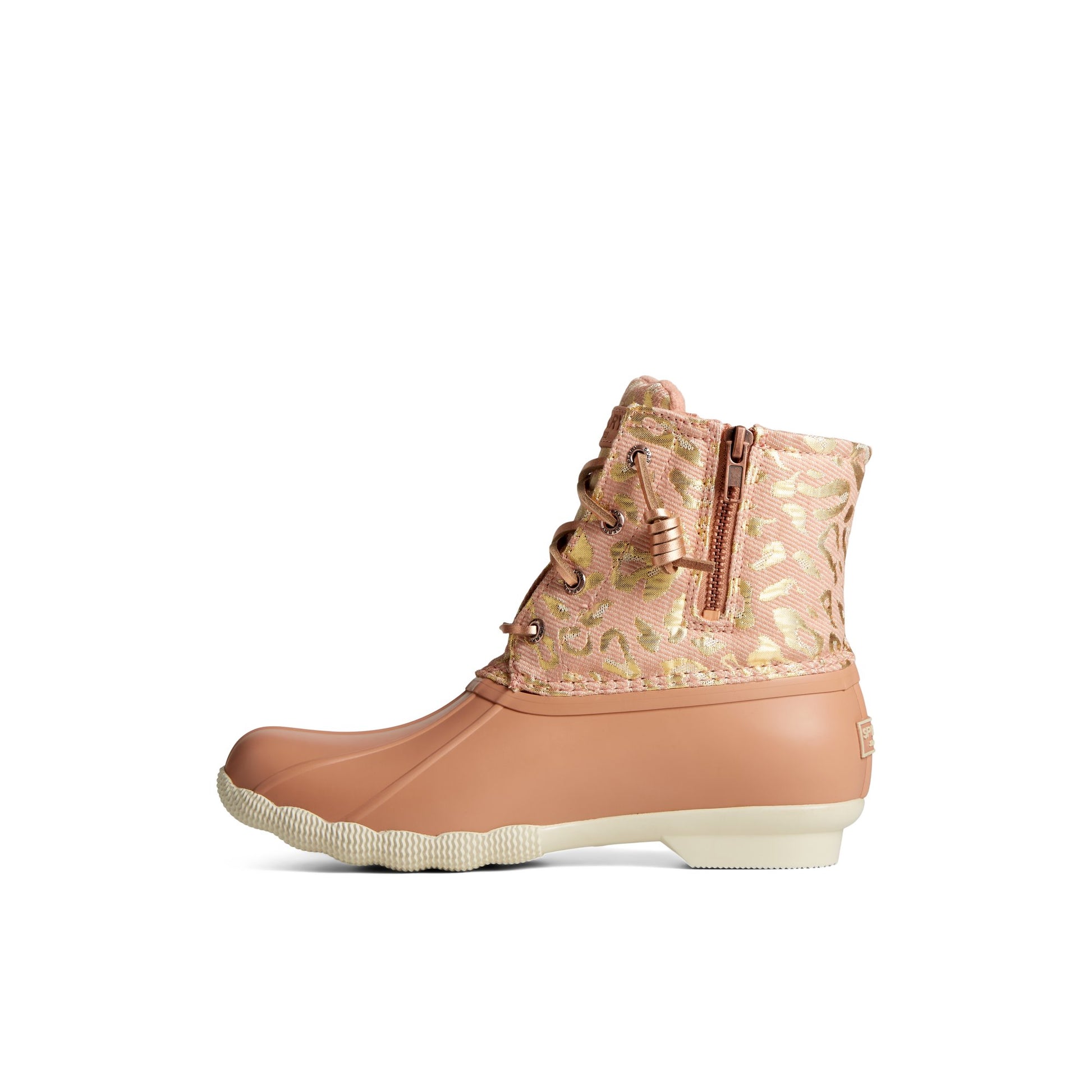 Side view of Medium Pink Saltwater Metallic Jacquard Duck Boot Duck Boots