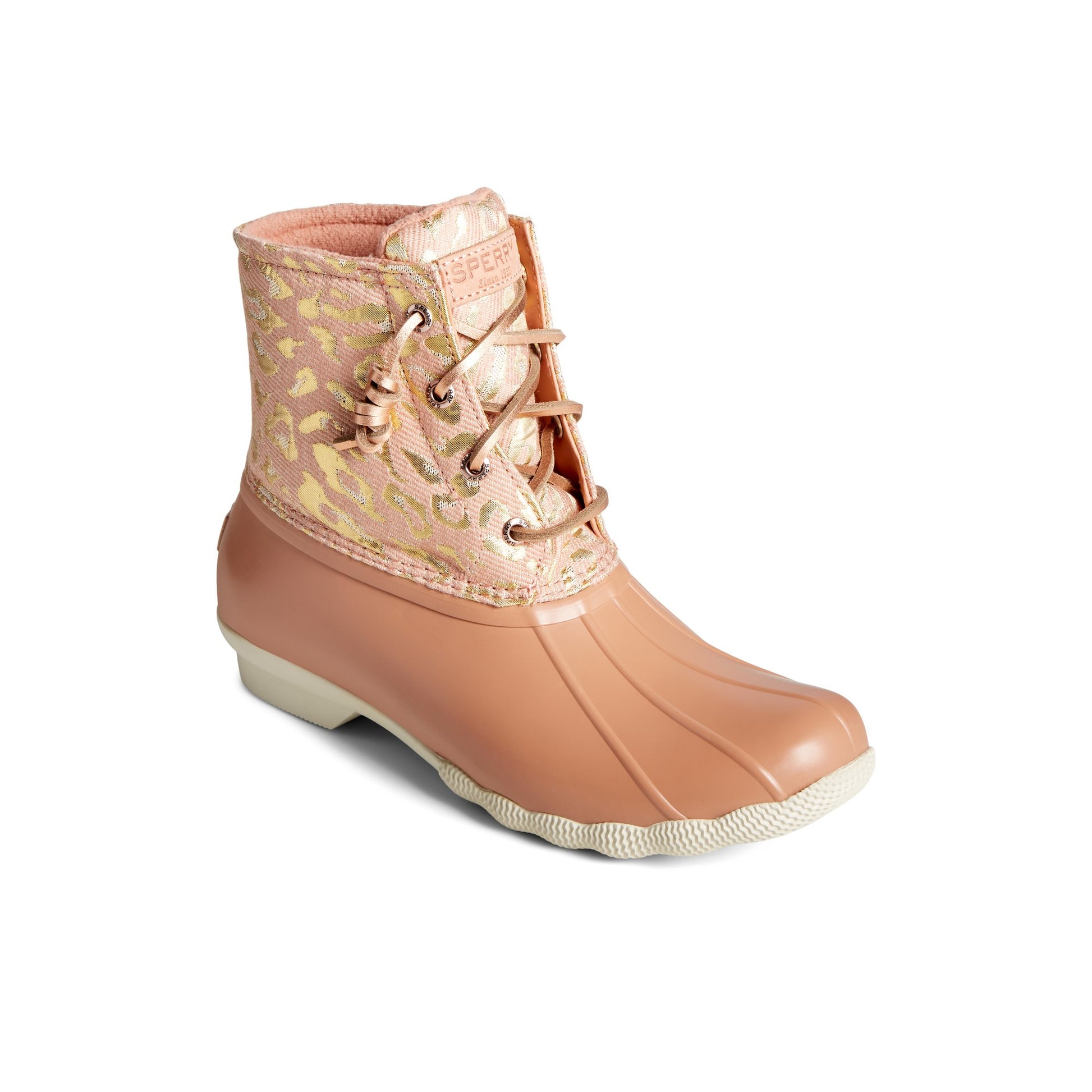 Three-quarter angle of Medium Pink Saltwater Metallic Jacquard Duck Boot Duck Boots's front side
