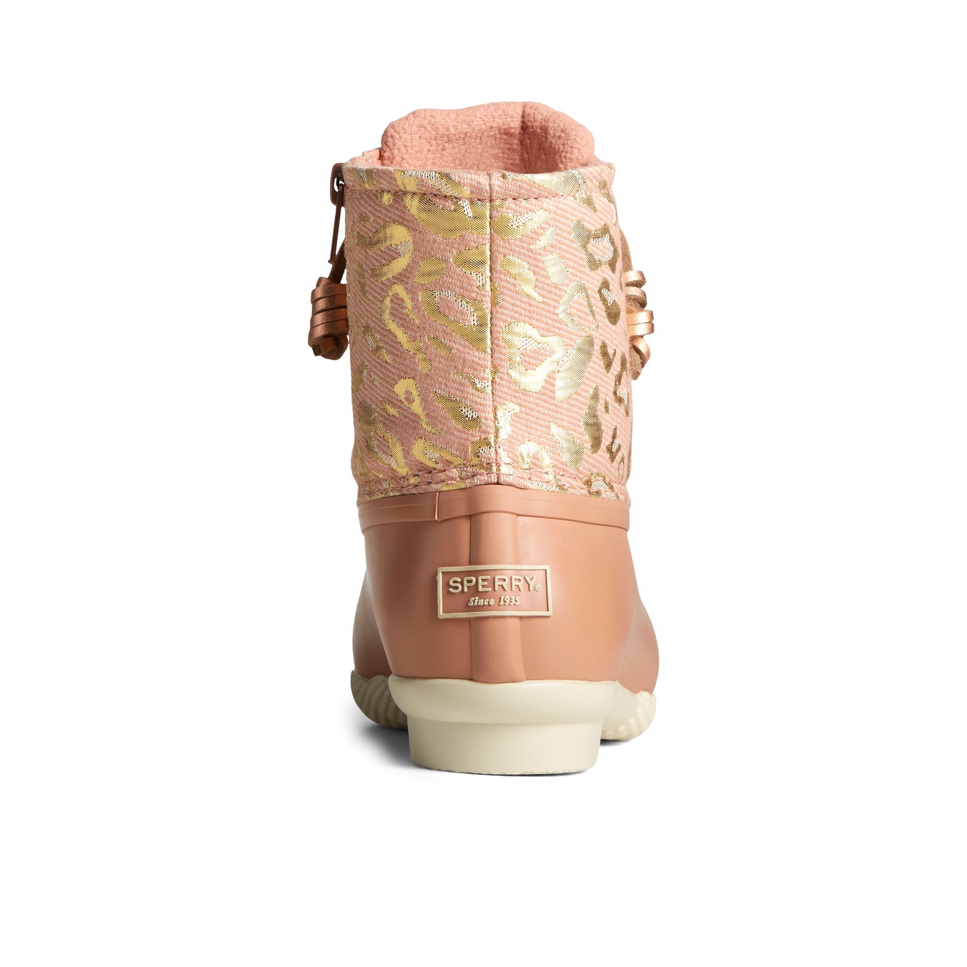 Close-up of the Medium Pink Saltwater Metallic Jacquard Duck Boot Duck Boots