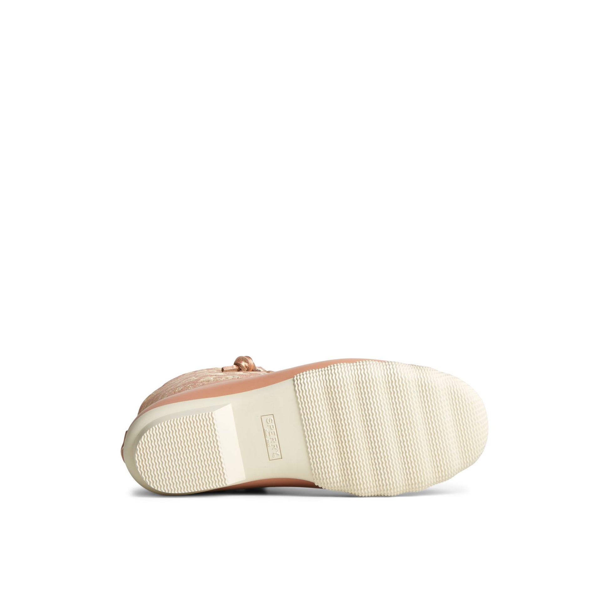 View of Medium Pink Saltwater Metallic Jacquard Duck Boot Duck Boots's sole