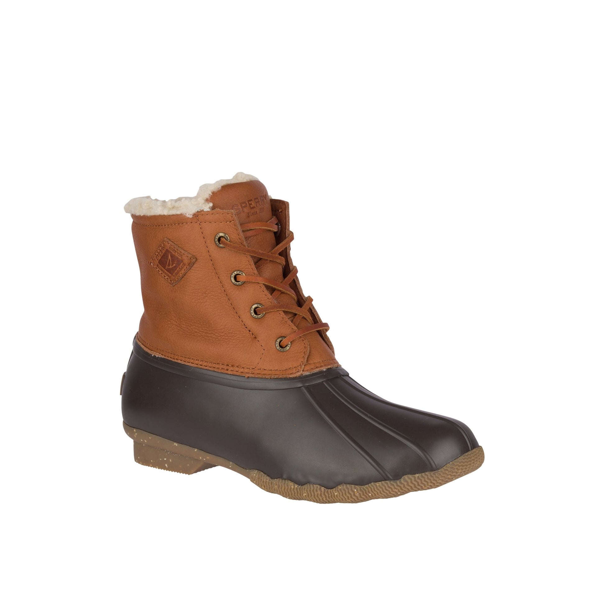 Three-quarter angle of Medium Beige Saltwater Luxe Leather Thinsulate™ Duck Boot Winter Duck Boots's front side