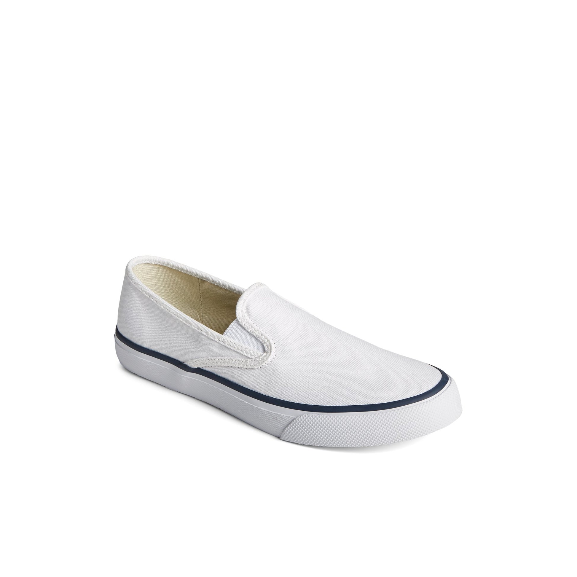 Three-quarter angle of White Unisex Cloud Slip On Deck Sneaker 's front side