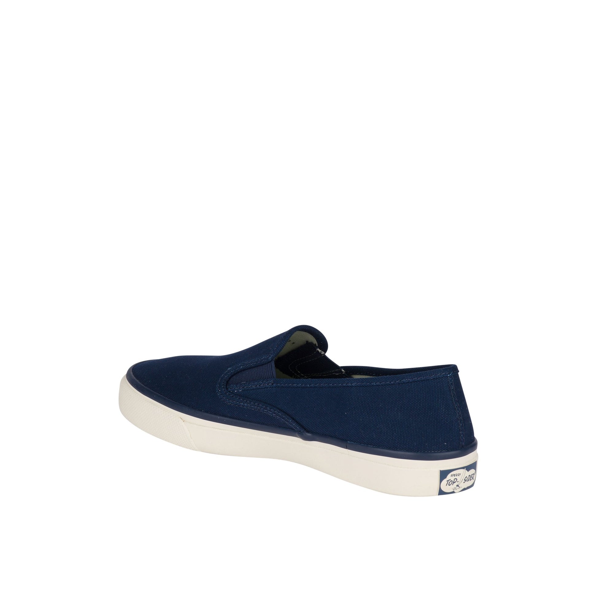 Three-quarter angle of Navy Unisex Cloud Slip On Deck Sneaker 's back side
