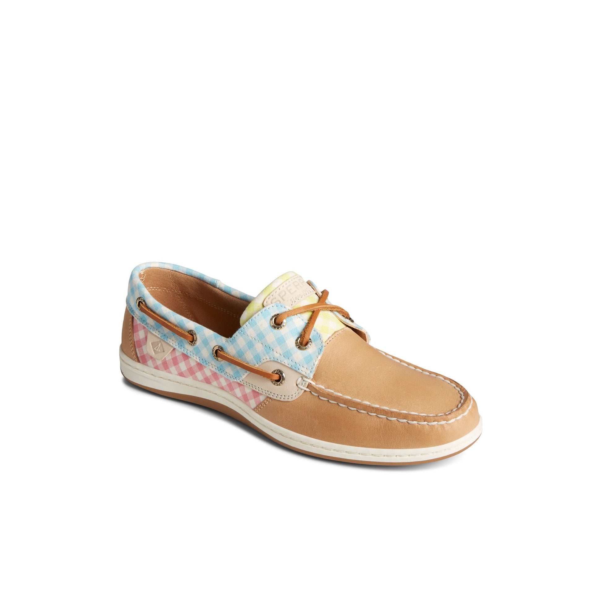 Three-quarter angle of Brown Primary - Multi Koifish Gingham Boat Shoe Boat Shoes's front side