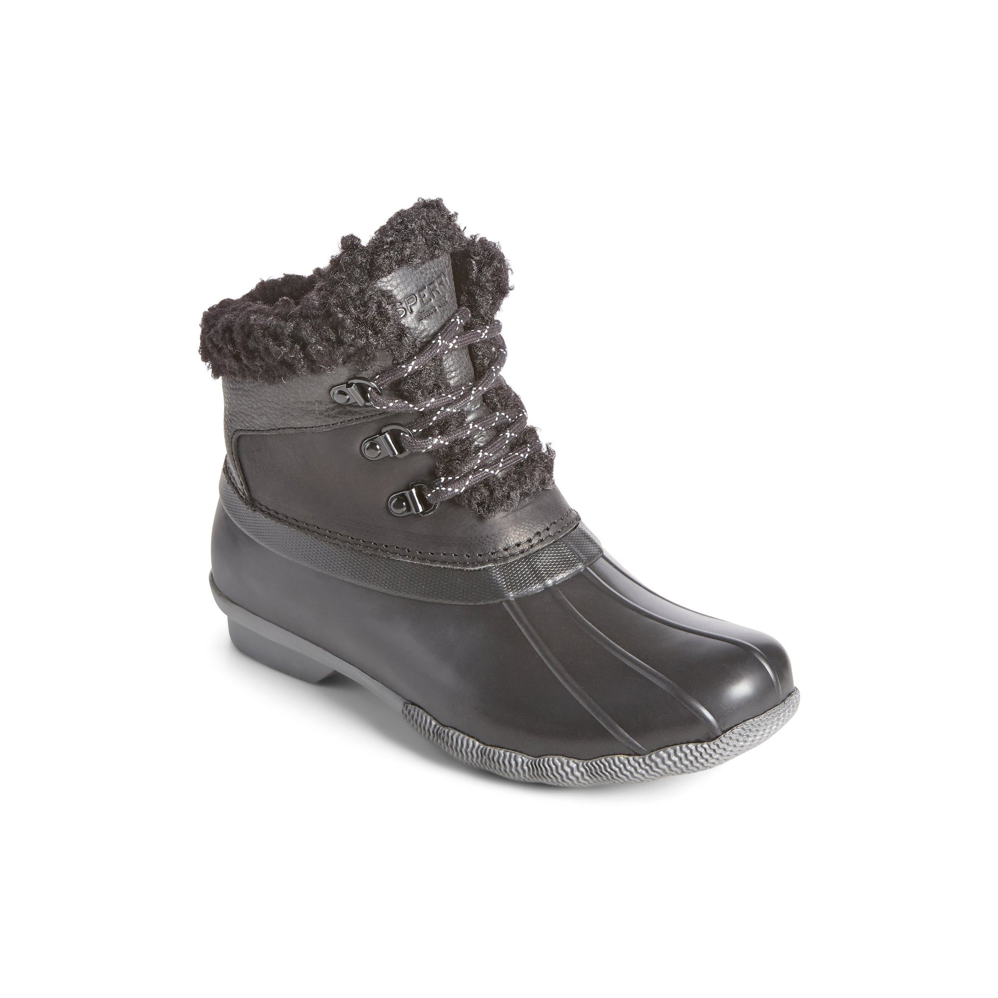 Three-quarter angle of Black Saltwater Alpine Leather Duck Boot Winter Duck Boots's front side