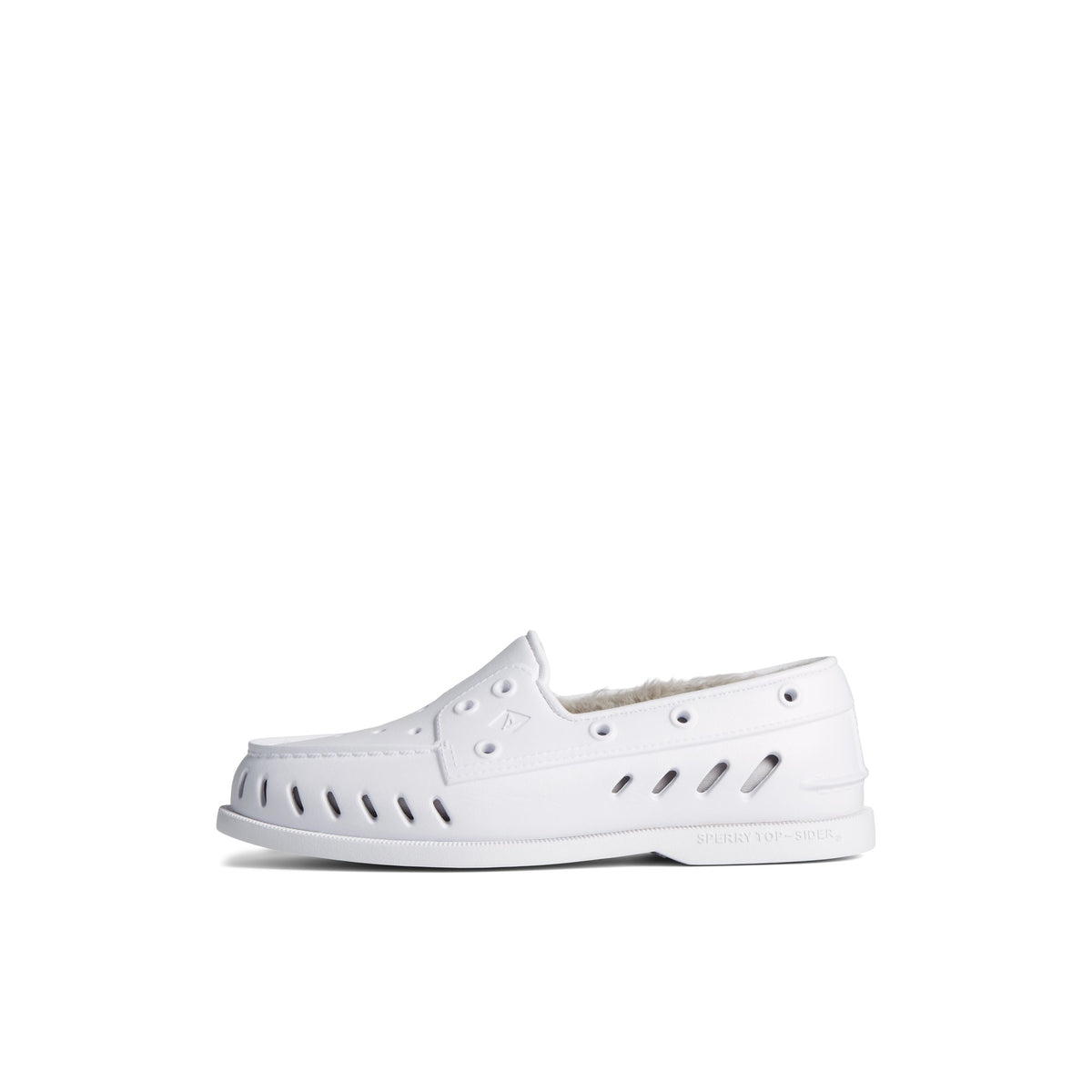 Side view of White Authentic Original Float Cozy Boat Shoe
