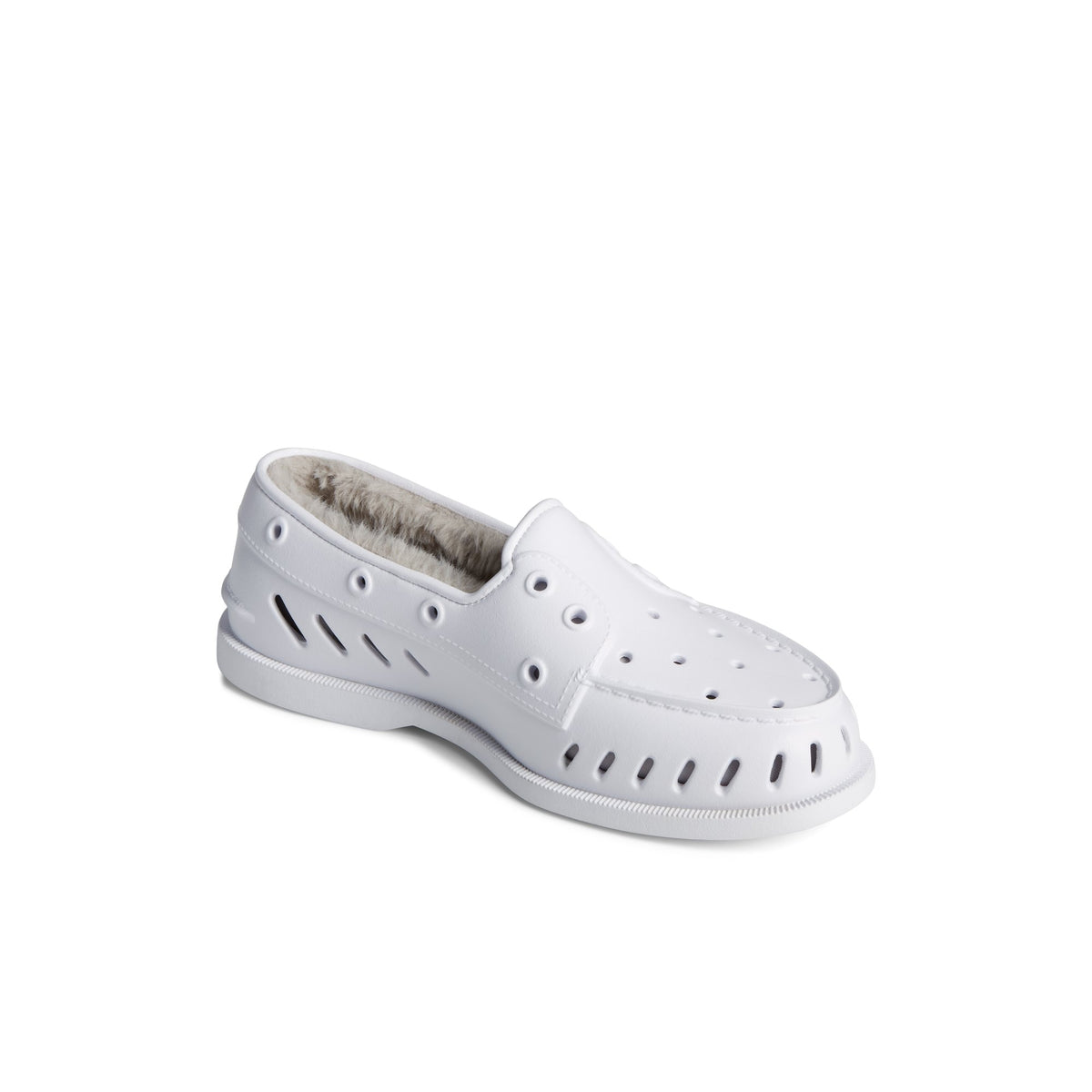Three-quarter angle of White Authentic Original Float Cozy Boat Shoe 's front side