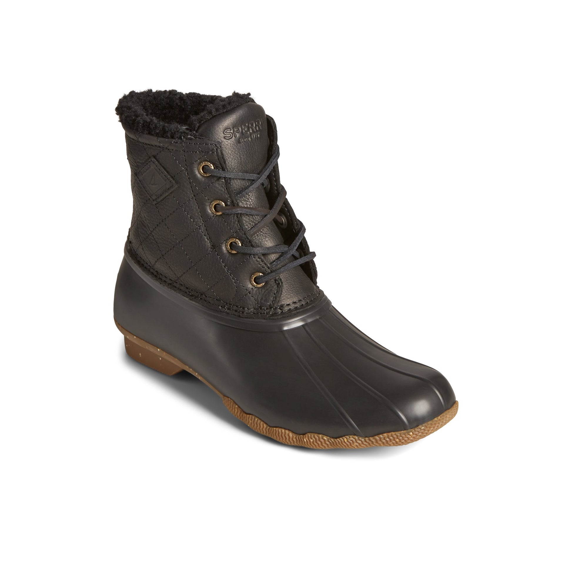 Three-quarter angle of Black Saltwater™ Luxe Leather Thinsulate™ Duck Boot Duck Boots's front side