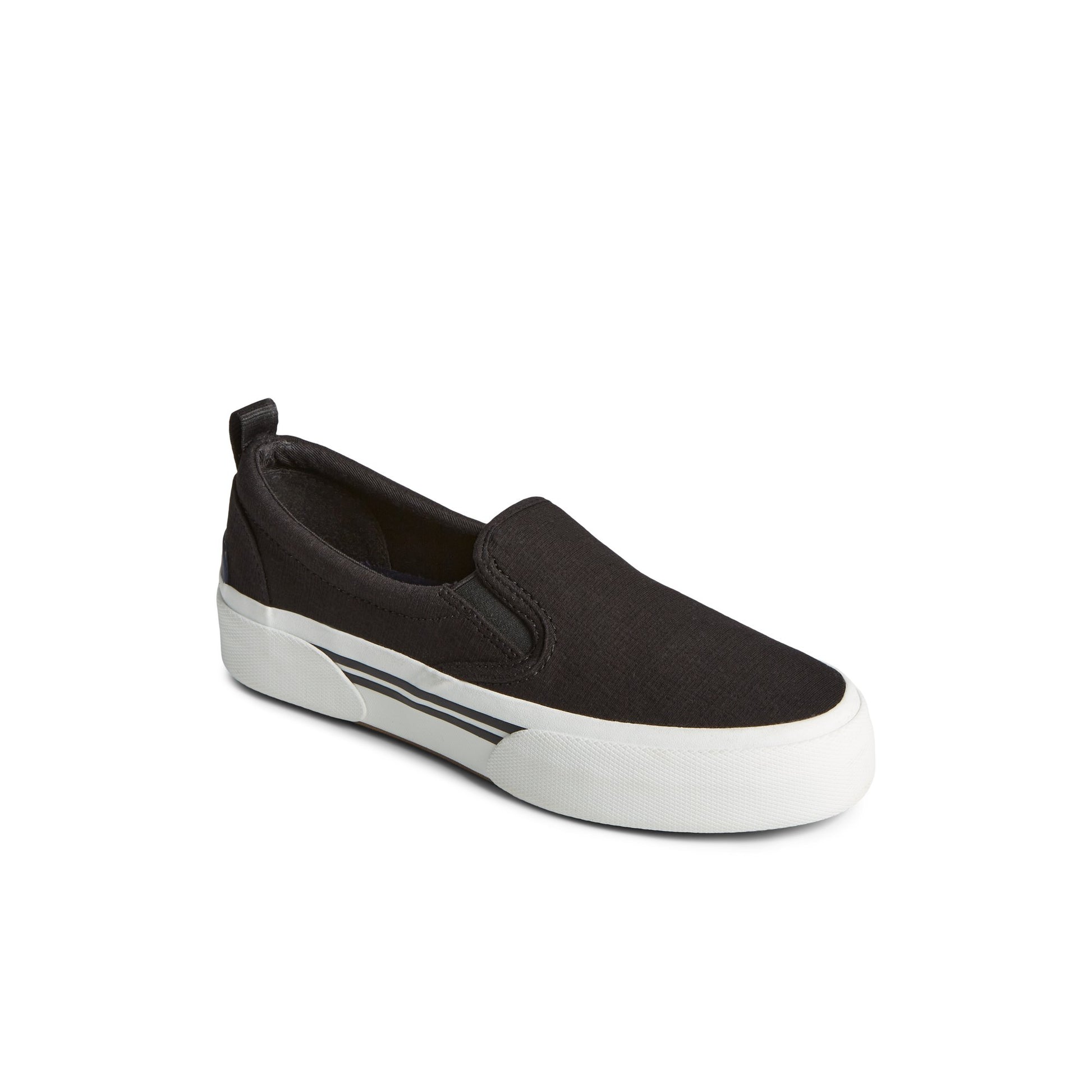 Three-quarter angle of Black Pier Wave Platform Slip On Sneaker 's front side