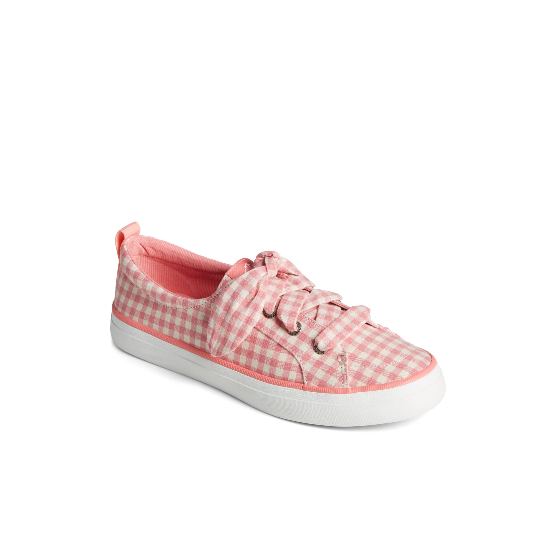 Three-quarter angle of Pink Crest Vibe Gingham Sneaker 's front side