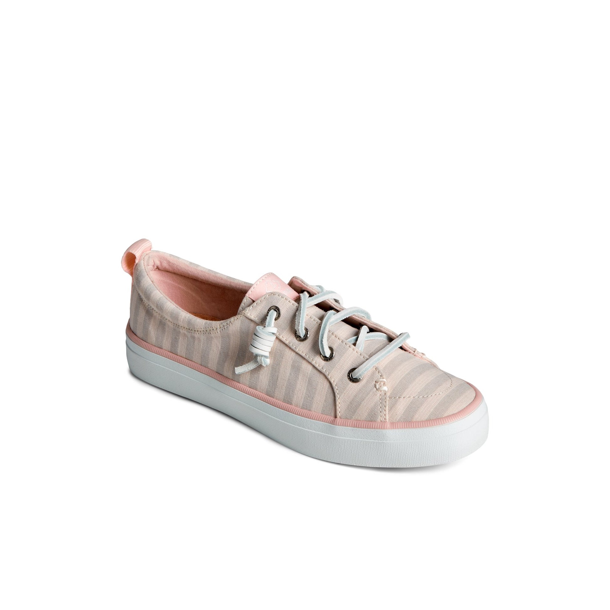Three-quarter angle of Grey SeaCycled™ Crest Vibe Striped Textile Sneaker 's front side