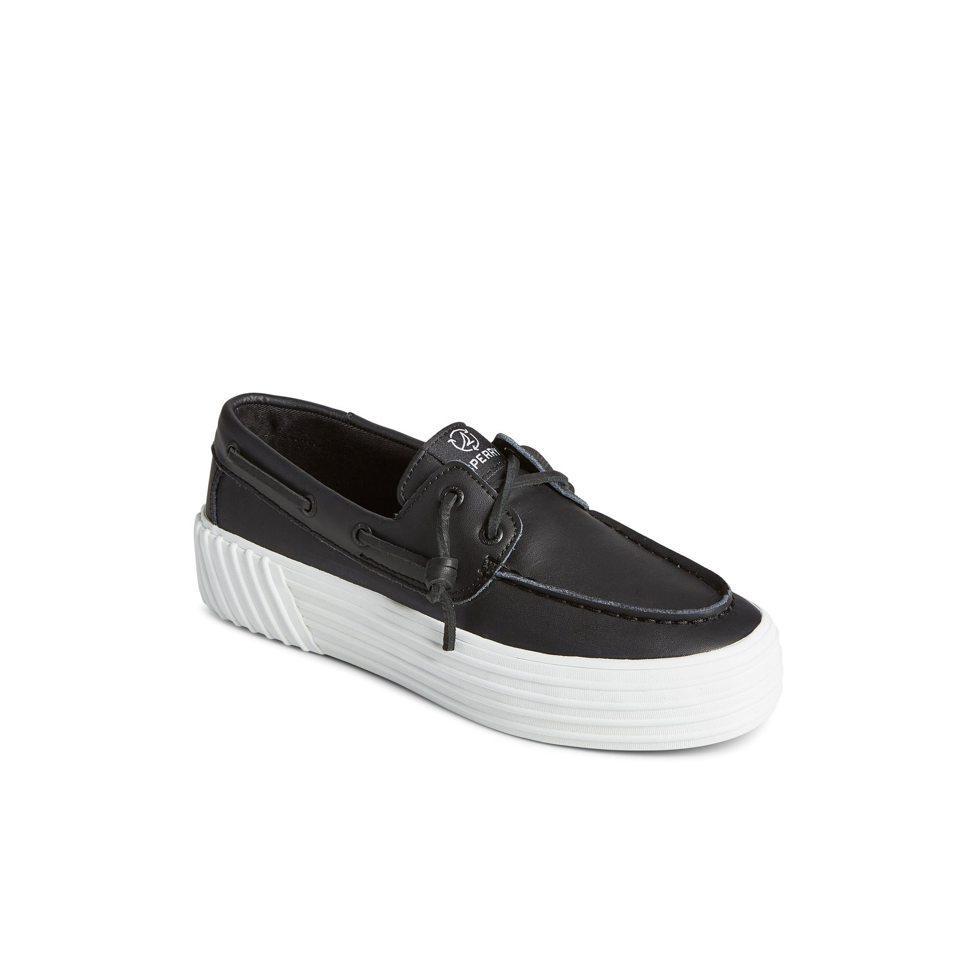 Three-quarter angle of Black Bahama 2.0 Leather Platform Sneaker Boat Shoes's front side